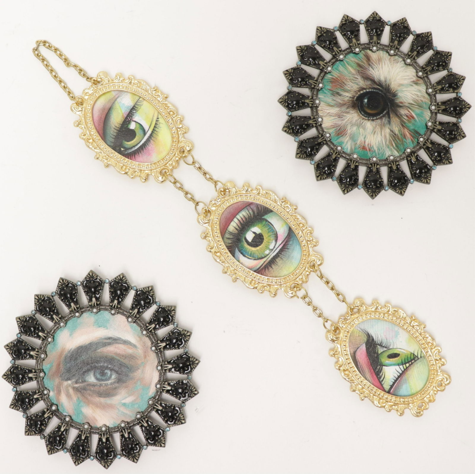 5 Works Alex Louisa and Amanda Lynn: Alex Louisa and Amanda Lynn, "She", "Out" and "Eye on You", oil and acrylic on board and acrylic and graphite on paper, signed, titled and dated 2017 verso Dimensions: Metal frames 6 1/2" dia. And 4"