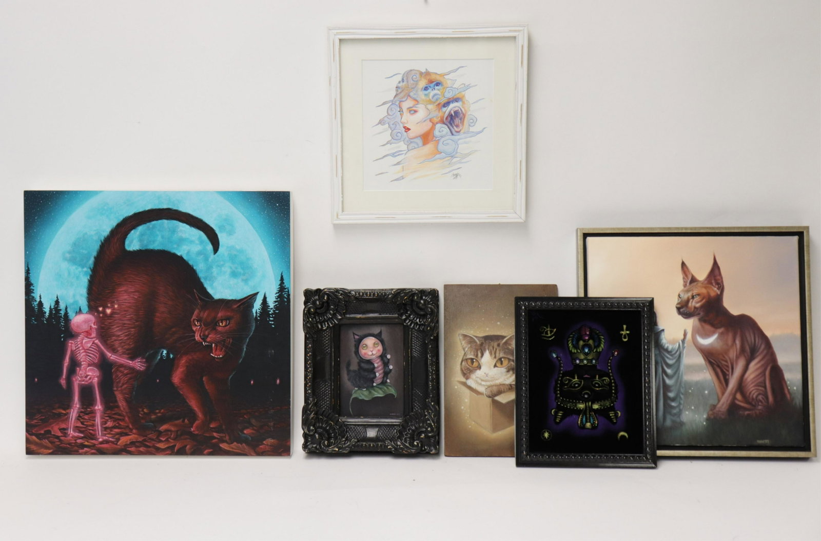 6 Paintings of Cats: Cats, watercolor, oil or acrylic on panel, canvas, velvet & board, signed Ania Tomicka, Val B, J.Park, Shumaker, Casey Weldone & Richard Ahnert Dimensions: Frames 11" x 9" to 18" sq. Property from the