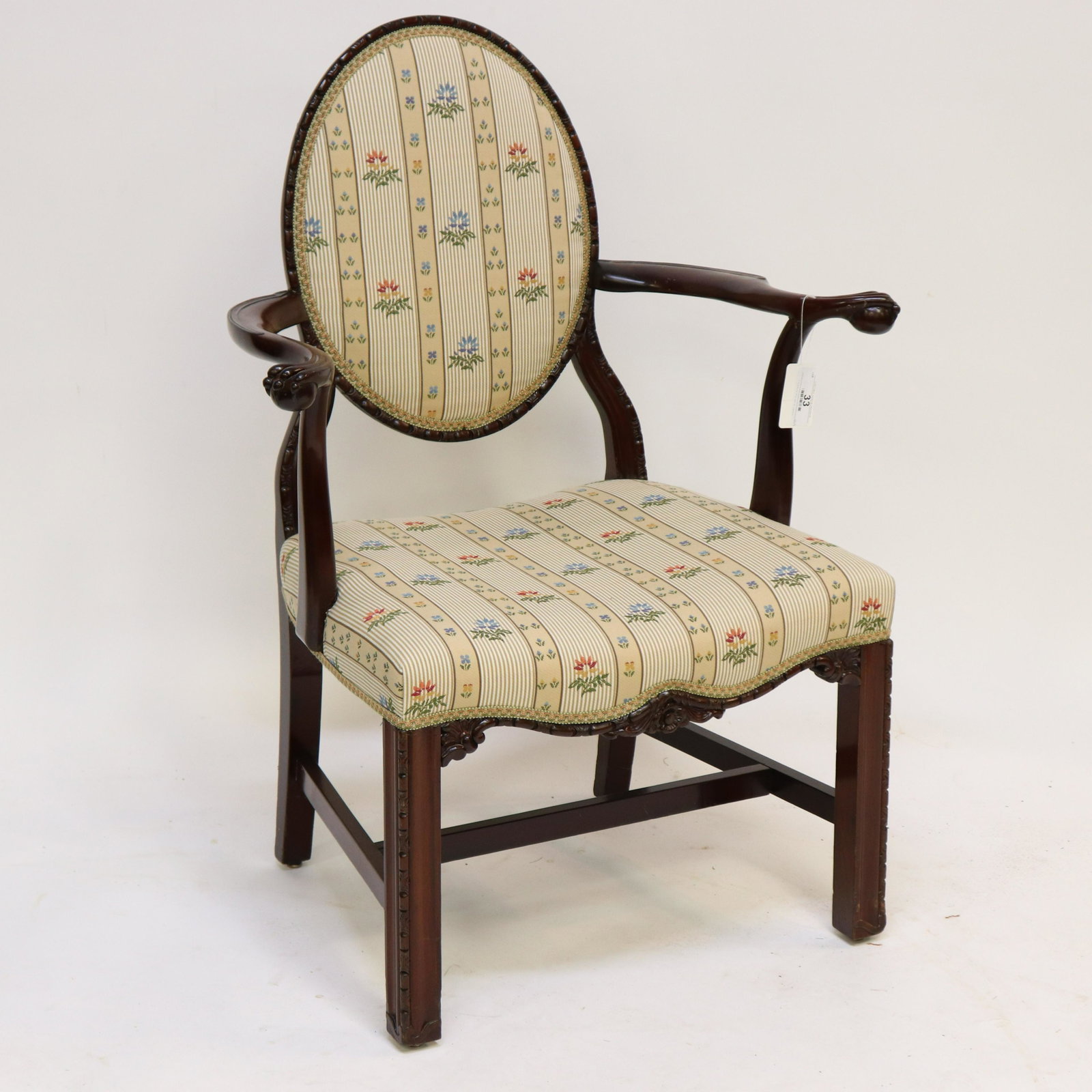 George III Style Mahogany Open Arm Chairs: George III Style Mahogany Open Arm Chairs, in floral stripe upholstery Dimensions: 38 1/2" H x 29 1/2" W (TGLI7033)(WT)