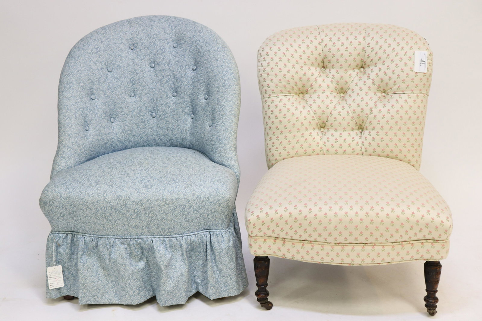 2 Similar Boudoir Chairs: 2 Similar Boudoir Chairs, pink floral & blue upholstery Dimensions: 33" H x 24" W and 31" H x 23" W (TGLI7057/2)(WT)