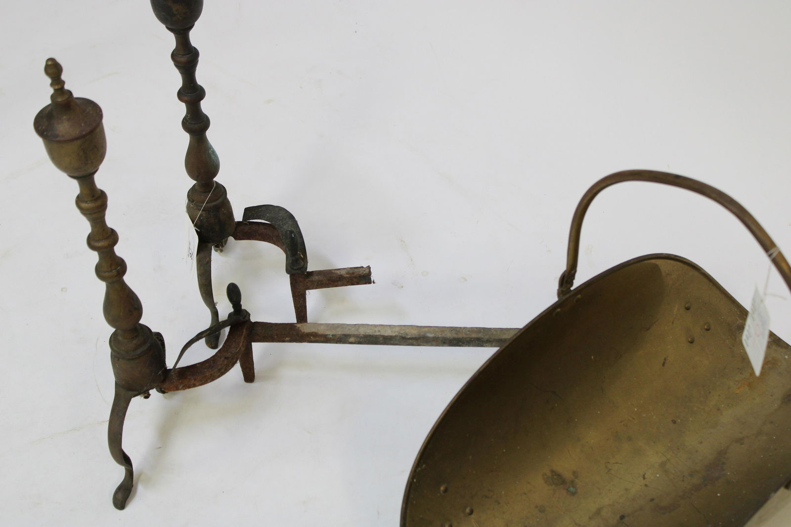 Pair Brass Urn Top Andirons,  Log Basket and Tools (1 of 3)