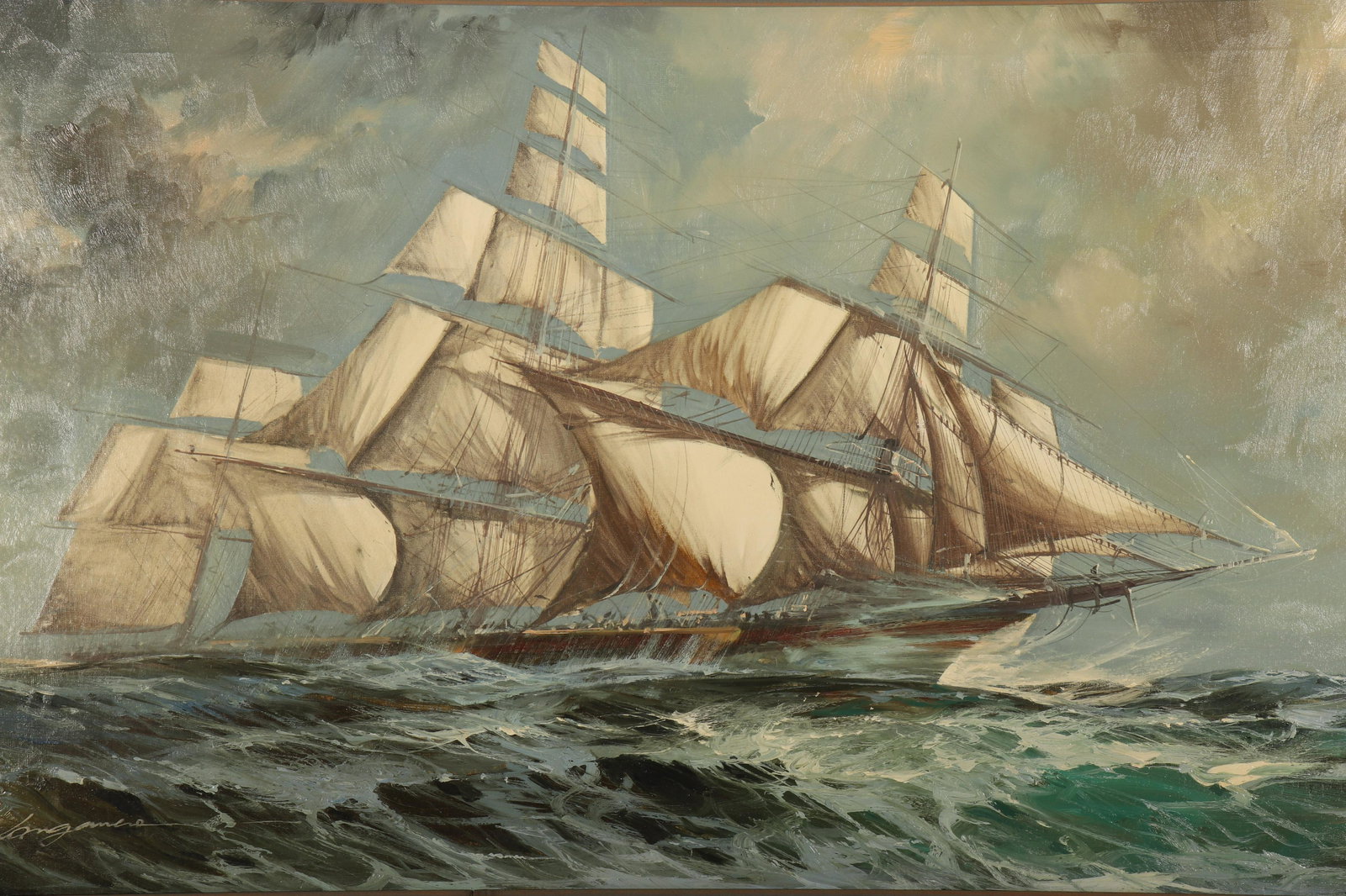 Under Full Sail, Oil on Canvas: "Under Full Sail", Oil on Canvas, signed indistinctly Dimensions: Frame 27 1/2" x 51 1/2" (BEL7167)(WT)