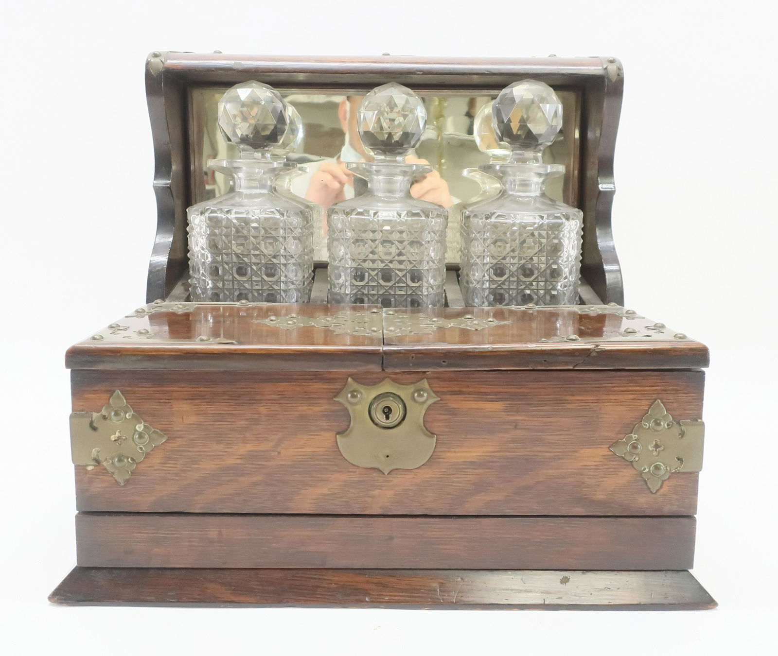 Brass Mounted Oak Tantalus & Decanters (1 of 4)