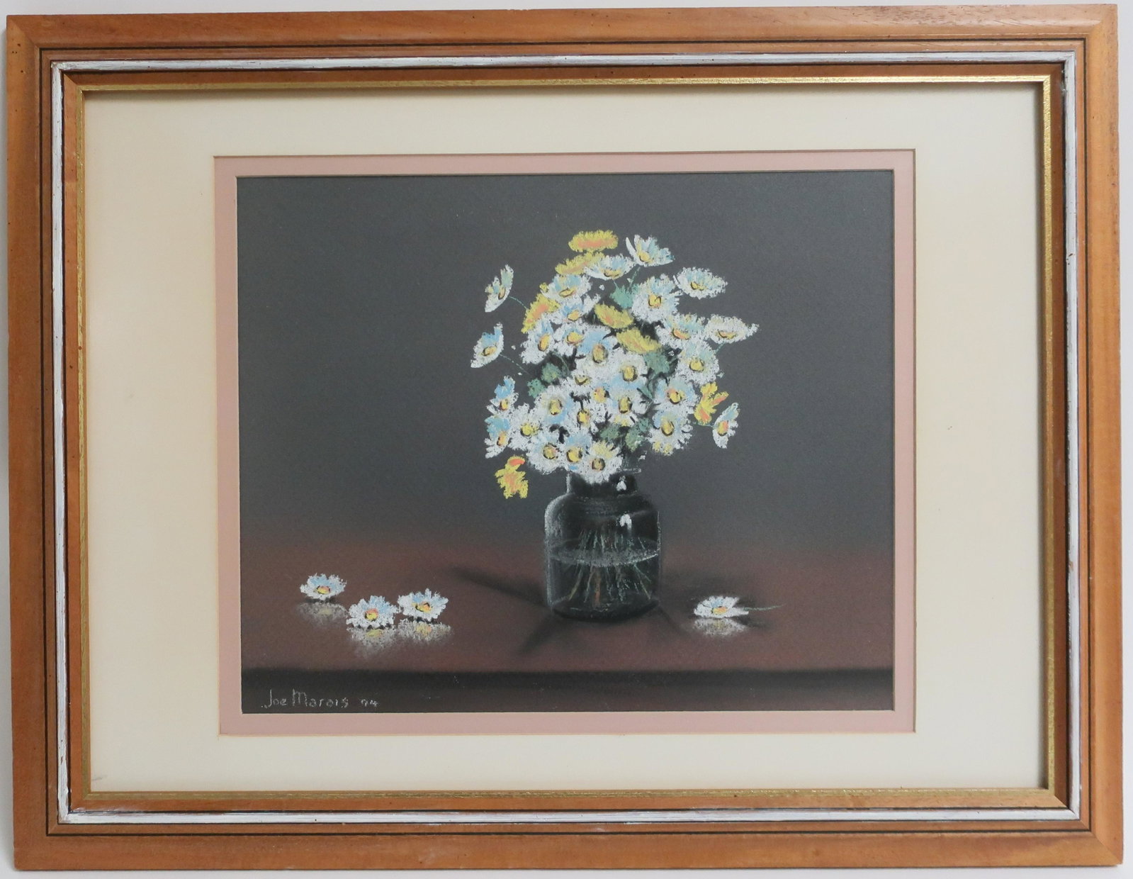 Joe Marais - Daisies Pastel: Joe Marais, South African, 20th/21st Century. Floral still life of vased daisies; darkened, muted background. Clean, crisp representation. Artist card verso. Double matted, framed, low glare glazing. 