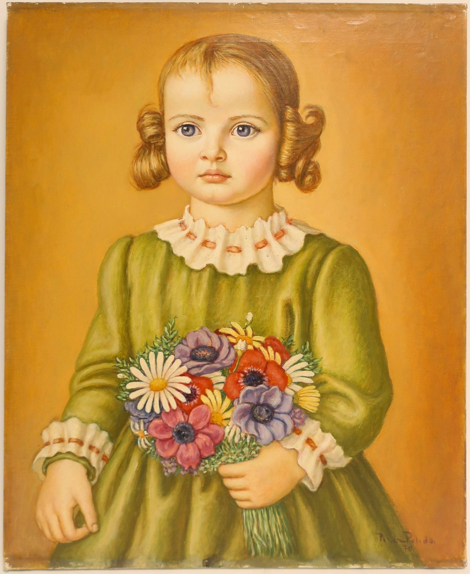 Adria Parez Pulido - Nina con Flores, 1970: Adria Parez Pulido (Spain, 1932-1975) portrait of child in green dress, holding flowers. Signed lower right. Signed, dated, titled verso. Dimensions: 22 x 18, unframed (HEAR174)(EL)