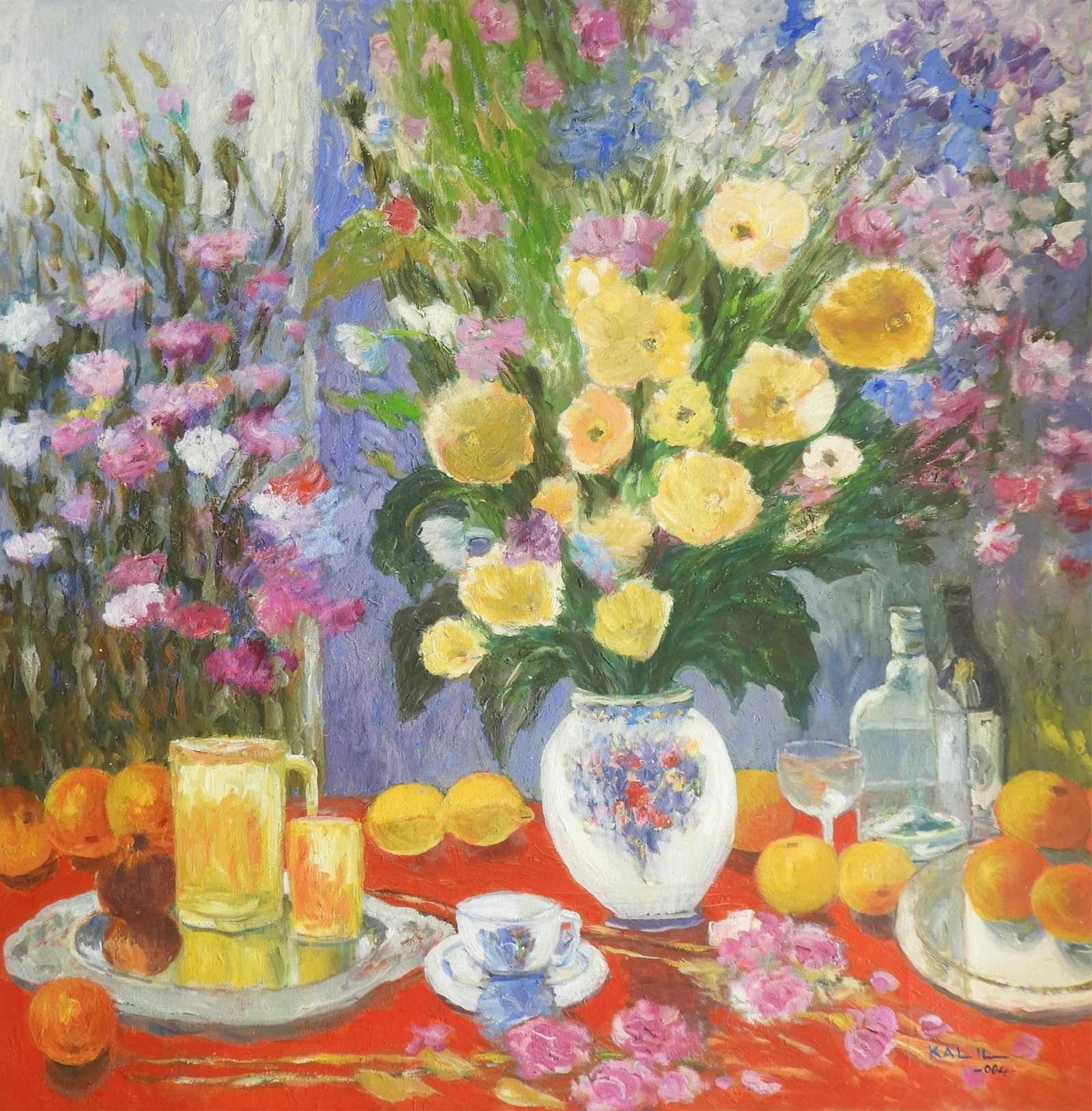 Kalil - Still life in Elegance: Kalil (Syrian, b. 1955) Taught by MALVA. Still life in Elegance, oil on canvas. Signed lower right. Dimensions: 31 x 31" unstretched (HEAR42)(EL)