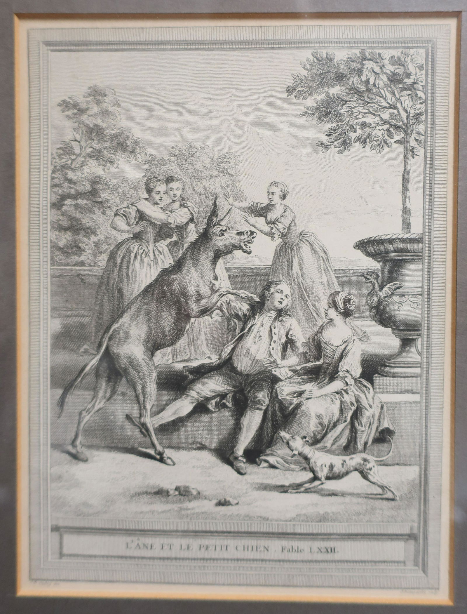 After Oudry, 1686-1755 4 Prints Fontaine’s Fables: After Jean-Baptiste Oudry, (1686-1755) Fontaine’s Fables, set of four etchings. Dimensions: 7.5x5.5, framed 13x11 (CSOM9588/4)(TC)