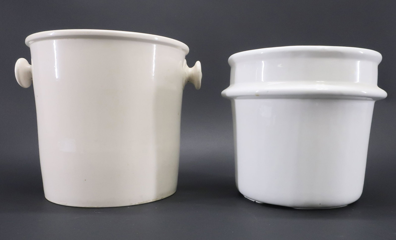 2 Ironstone White Buckets: 2 Ironstone White Buckets Dimensions: Approx 10" H x 10" dia. (ESCR6533/2)(WT)