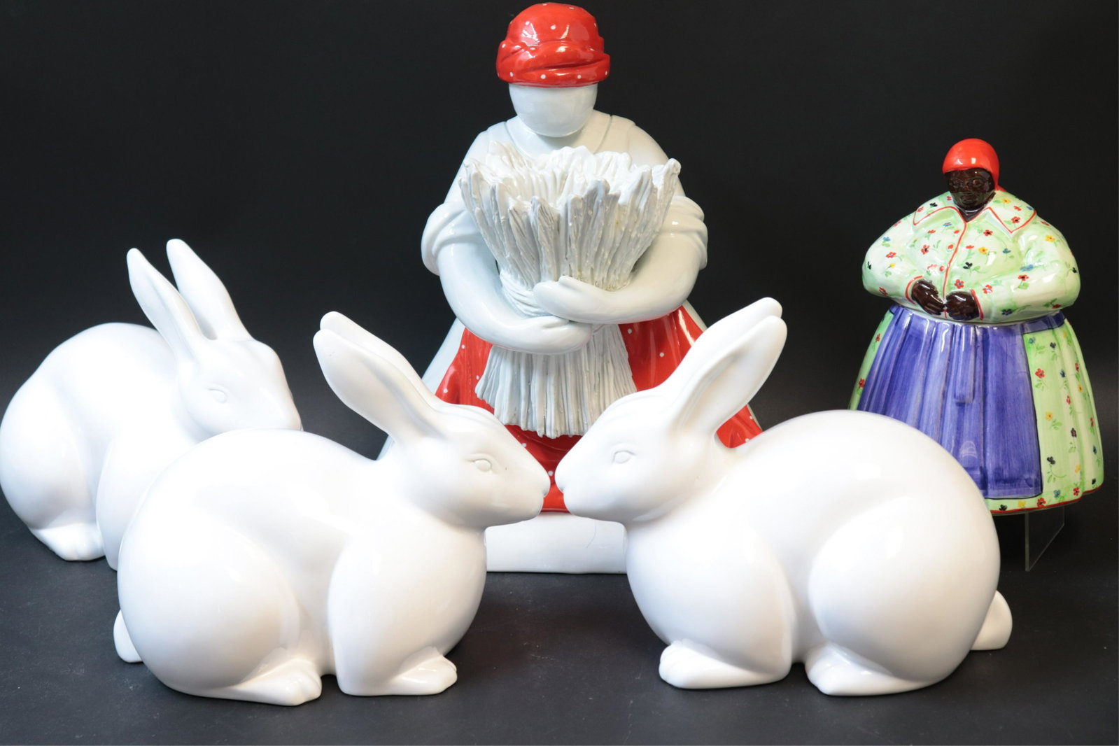 5 Pottery Rabbits/Figures: 5 Pottery Rabbits/Figures, Eqidio Broggi female flower/utensil holder and Valentino Piu cookie jar Dimensions: Largest 17" H x 1 1/2" W (EBAZ5166/5)(WT)