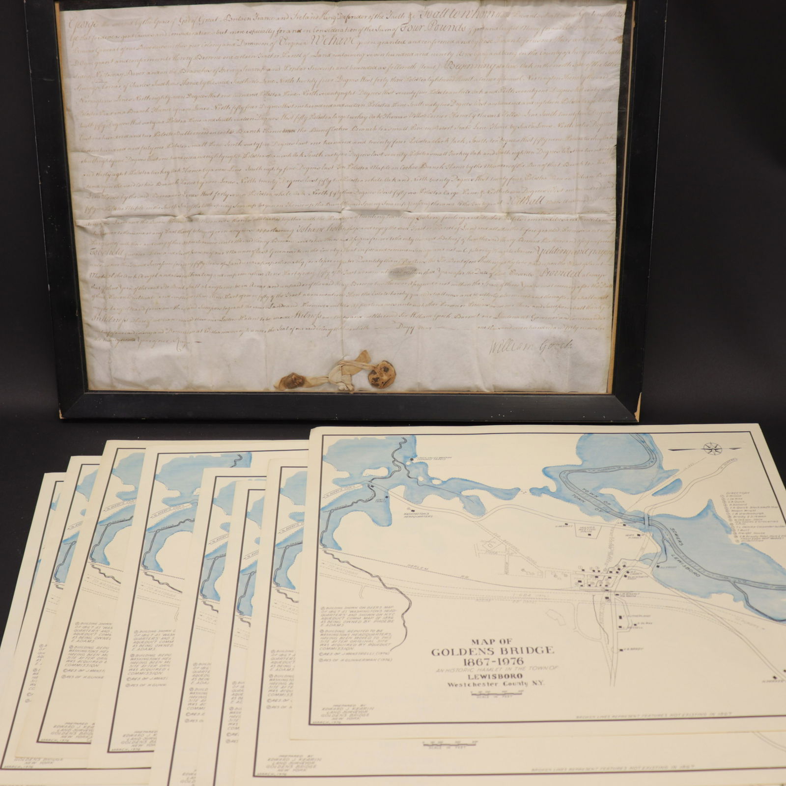 1749 Land Grant & Kearns Golden's Bridge Maps: Henry Brown, Patent to 790 Acres of Land in Surry, (Sussex?) County 1749. Together with 8 renditions, 6 Edward J Kearns 1976 Map of Golden's Bridge. All numbered from the edition of 300, one signed in