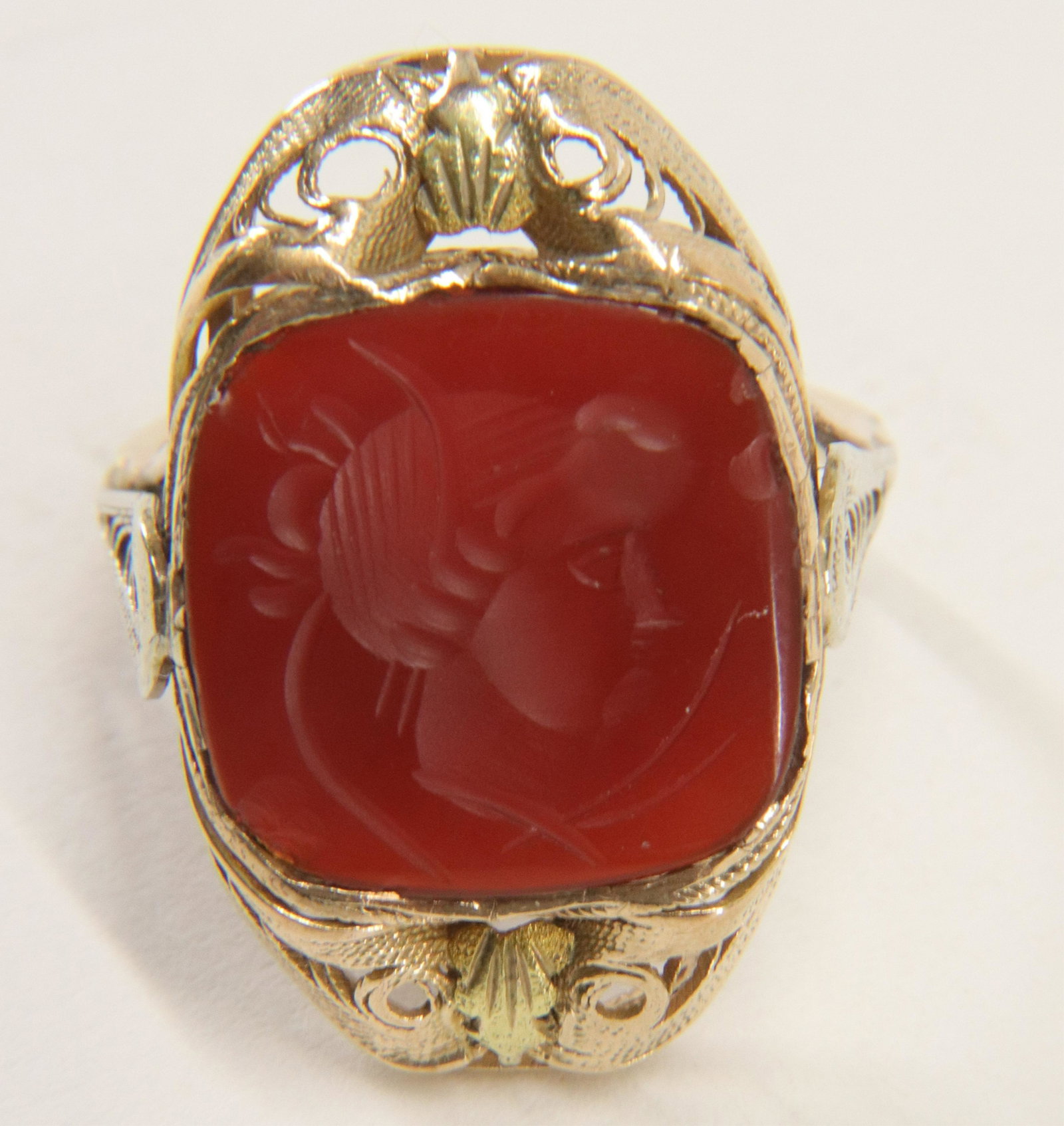 Carved Intaglio Carnelian Ring: Carved carnelian intaglio set in 10k yellow gold (tested) Gross weight: Dimensions: Size 9 Property from the Estate of Sara E. Vagliano, Central Park West, Manhattan (DAVI32)(EL)