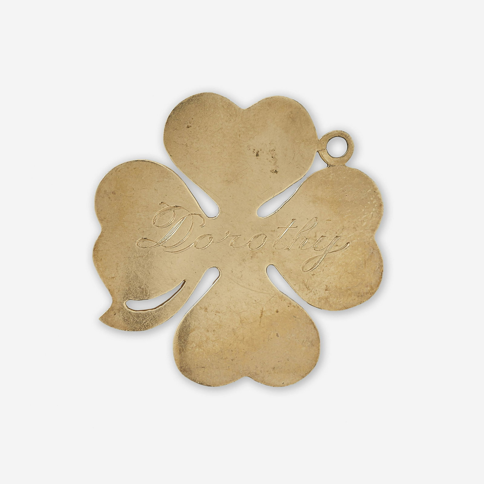 14K Yellow Gold Four Leaf Clover Charm/Pendant: Large 14 karat yellow gold charm or pendant in the form of a four leaf clover with incised 'Dorothy' on front. Stamped on back. 15.7 grams. Dimensions: 1.75" x 1.75" Property from a Park Slope Estate 