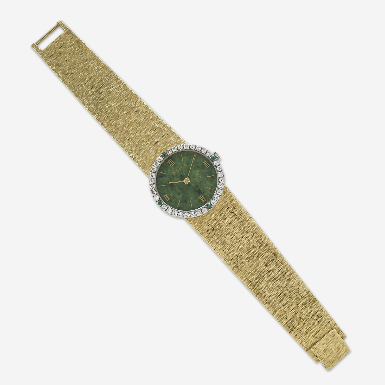 Piaget Depose 18k, Jade & Diamond Watch: A lady's Piaget Depose wrist watch composed of solid 18k yellow gold. Nephrite Jade dial marked PIAGET with golden Roman numeral markers and hands. Bezel containing (32) round diamonds with (4) emeral