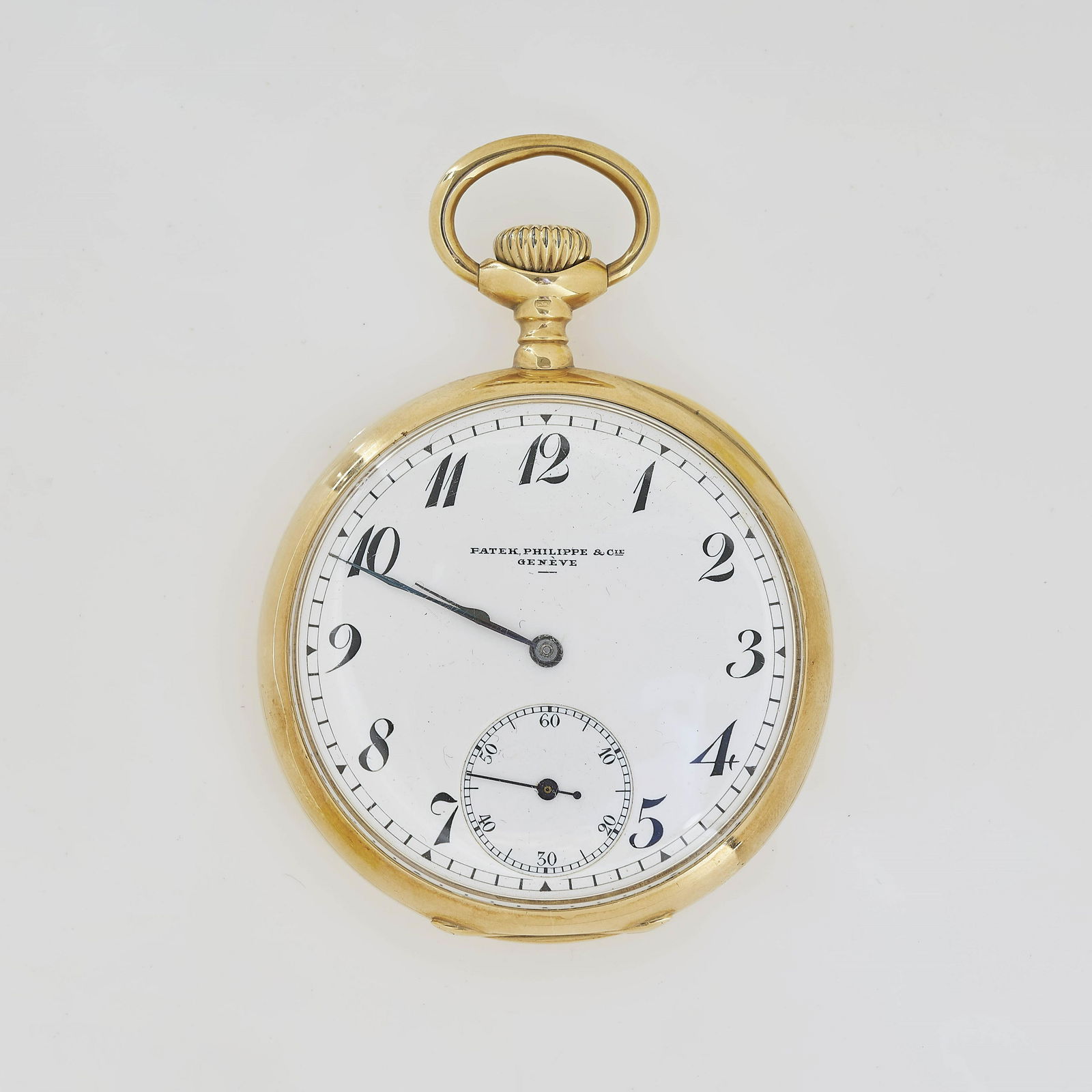 Patek Philippe & Co 14k Pocket Watch: Dial stamped Patek Philippe & Co / Geneve. Arabic numerals with secondary seconds dial. Case interior & cuvette stamped PPCo / 585 / 281110 along with NF12705(?). Other side stamped No. 176894 / Patek