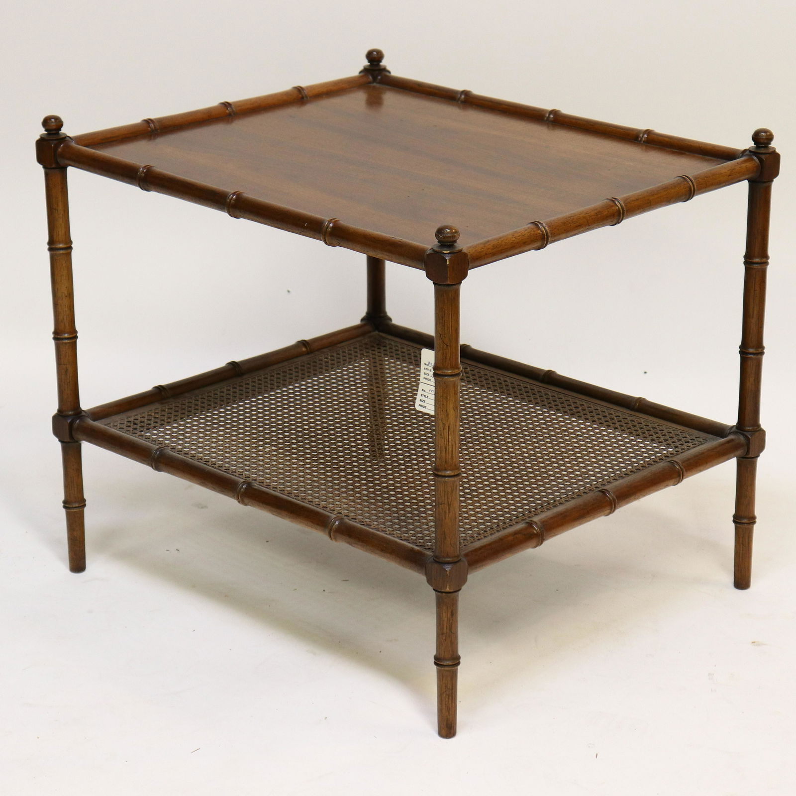 Michael Taylor for Baker Regency Style End Table: Michael Taylor for Baker c.1950's, Regency Style Mahogany Wood and Cane End Table, lower shelf caned, stamped with inventory number Dimensions: 23 1/2 x 26 x 23 1/2 Property from a West Hartford, CT c