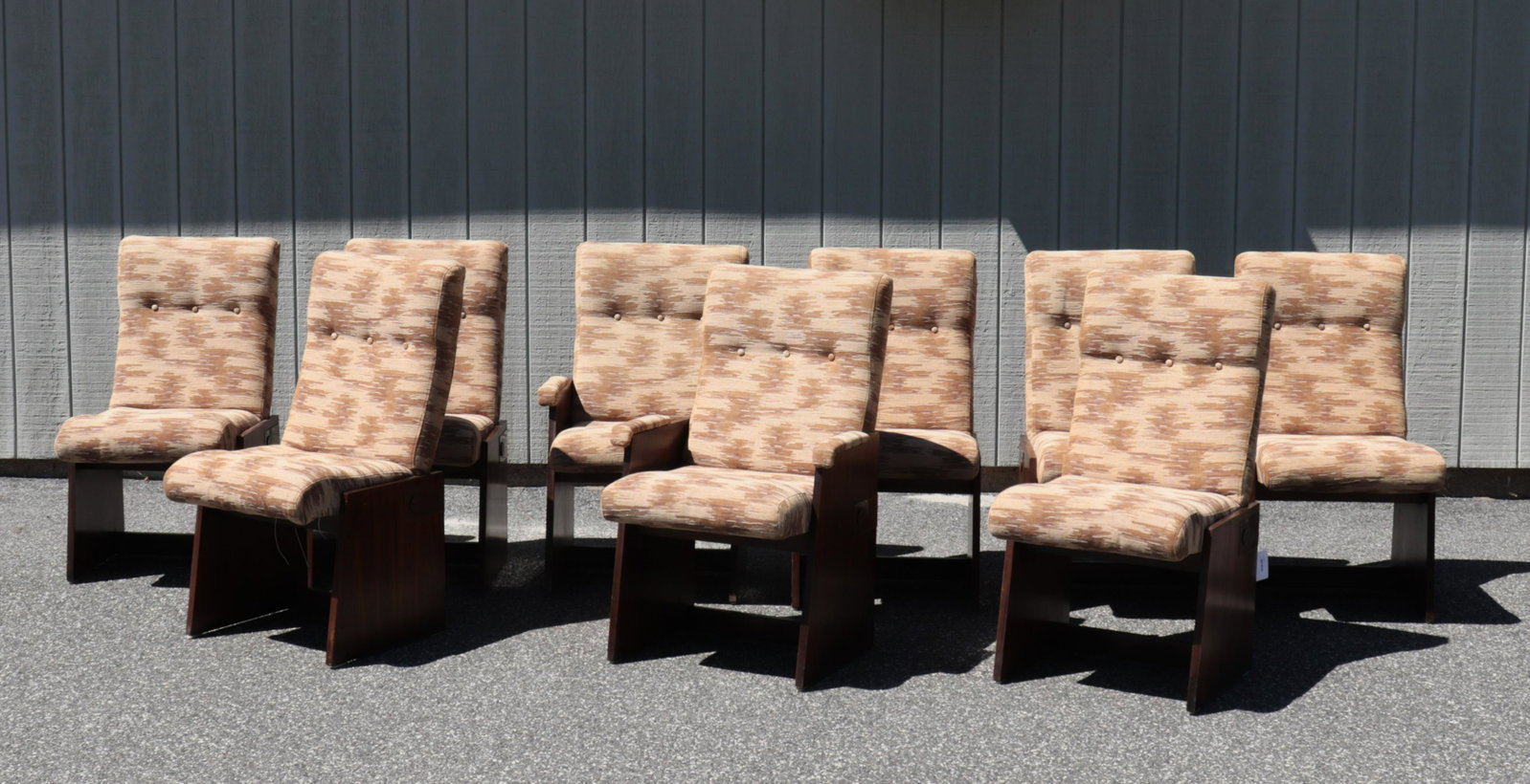 Set of 9 Mid Century Copper Dining Chairs, c 1980: Mahogany with copper banding. 2 arm chairs and 7 side chairs. Circa 1980 Dimensions: 38.5 h by 24 d side chairs 20 w. arm chairs 23.5 w. seat hgt; 19.5 Property from a South Kent, CT collector. (JOHN6