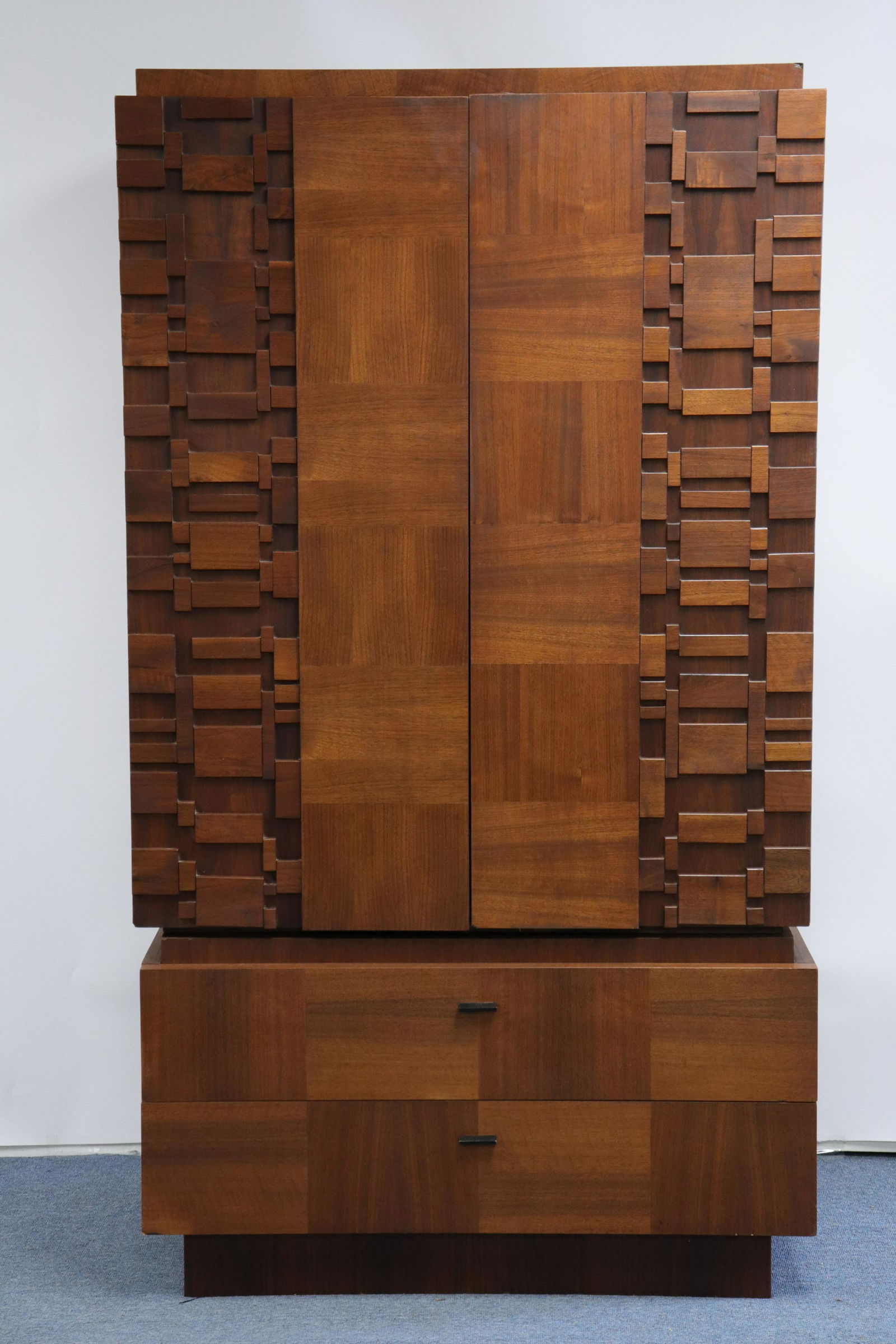Vintage Lane Brutalist Walnut Armoire: Vintage Brutalist Walnut Armoire by Lane, design inspired by Paul Evans Dimensions: 72 x 40 x 20 1/2 Property from a West Hartford, CT collection (MORT9395)(MM)