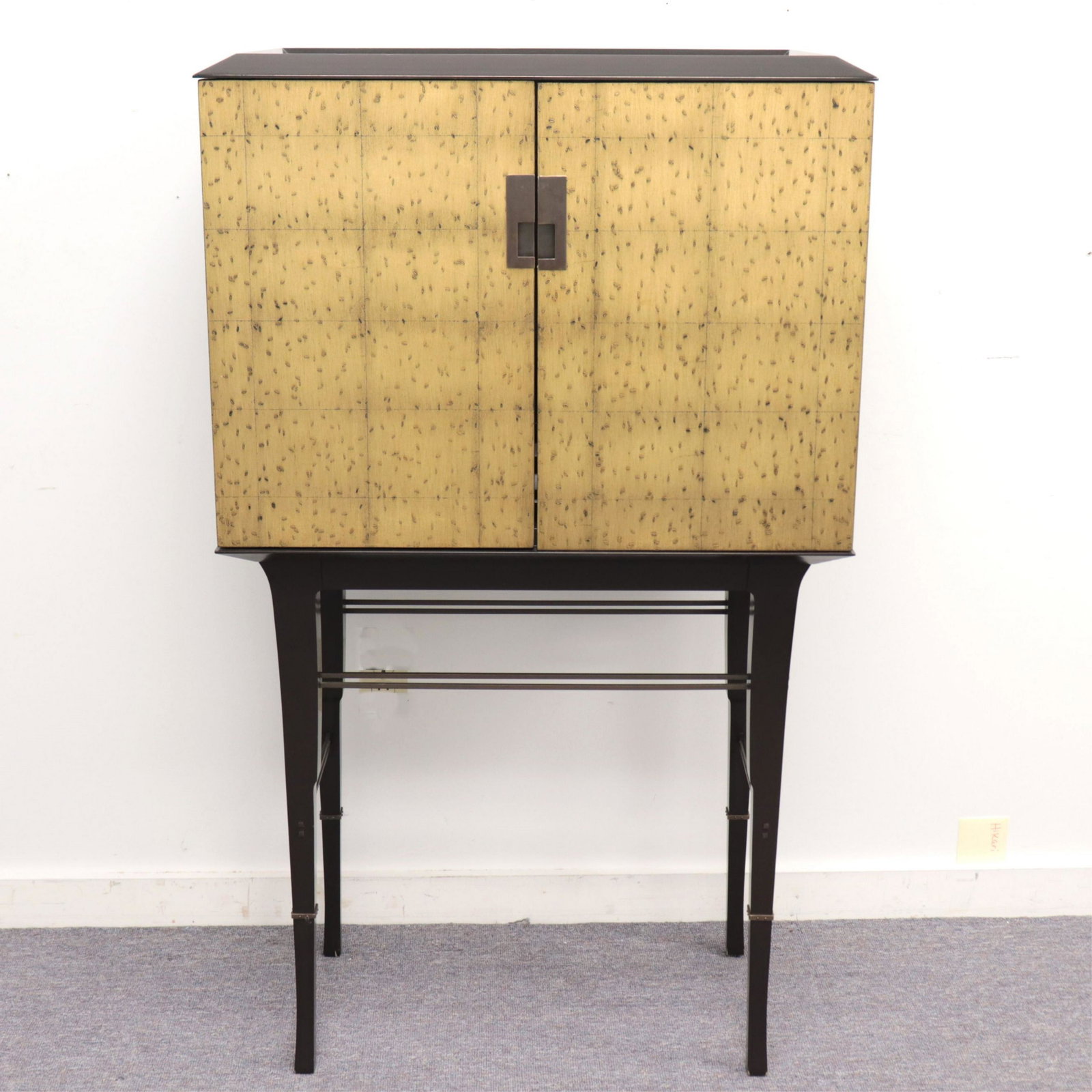 Bill Sofield for Baker Kiosk Cabinet: Bill Sofield for Baker Furniture, Kiosk Butlers Cabinet, Maple solids and veneers,Basalt and Gold Rice finish, with 4 interior stacking trays, mirrored interior and top Dimensions: 51 x 29 1/2 x 18 1/