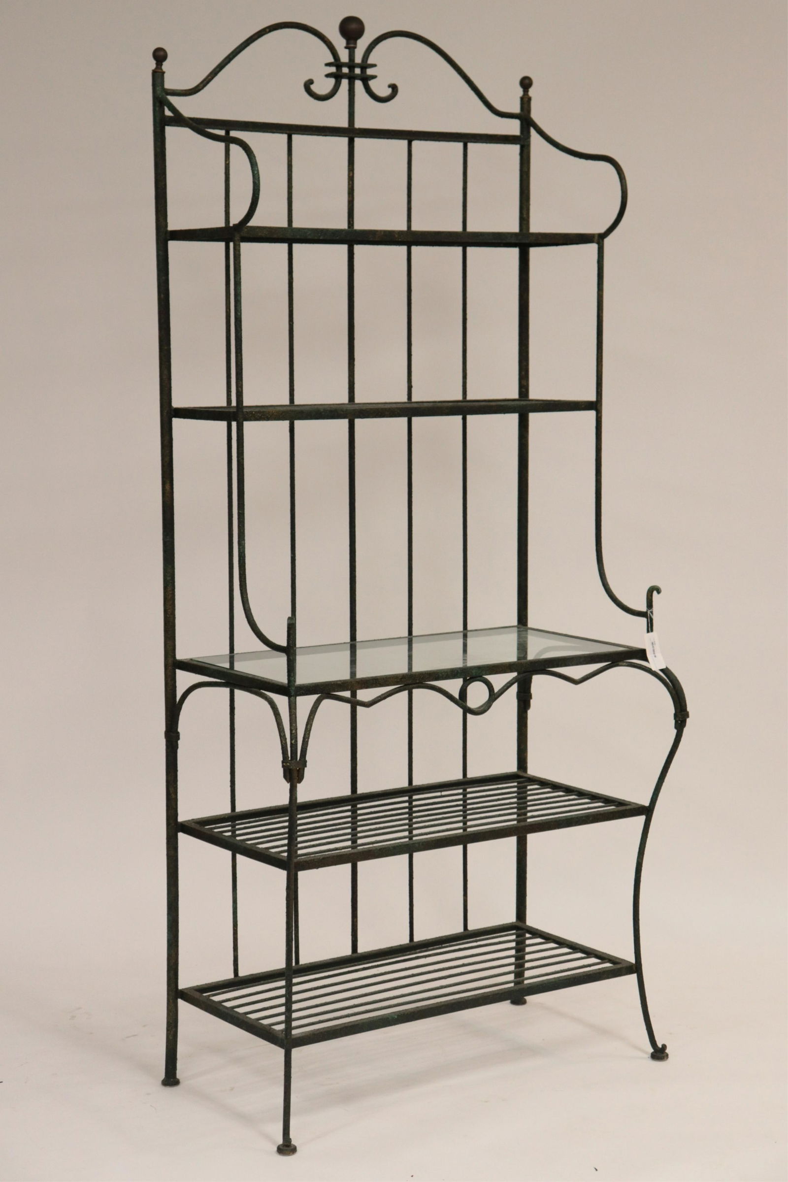 French Provincial Style Painted Iron Baker's Rack: French Provincial Style Green Painted Iron Baker's Rack Dimensions: 79" H x 36" W x 19" D Property from the Estate of Edward Bazinet (EBAZ546)(MS)