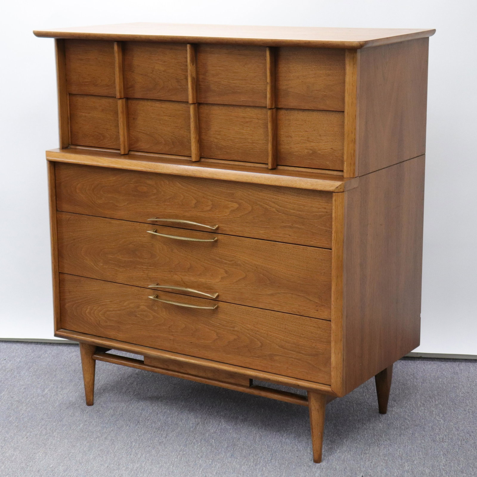 Kent Coffey Mid Century Modern Dresser: Mid Century Modern Kent Coffey "The Eloquence" Continental Walnut Dresser, top of boomerang shape, 5 drawers Dimensions: 44 1/2 x 39 x 21 Property from a West Hartford, CT collection (MORT9396)(MM)