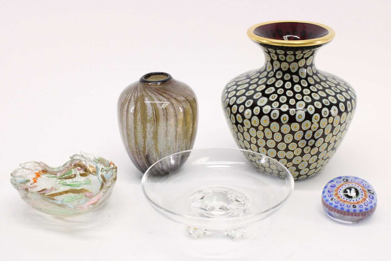 Steuben, Baccarat Art Glass and others: Art Glass Vases,Bowls and paperweight, includes a 1971 Baccarat French Art Glass Gridel Squirrel Millefiori Paperweight , Steuben scroll footed bowl, tall deep purple, ivory, yellow and gold decorated