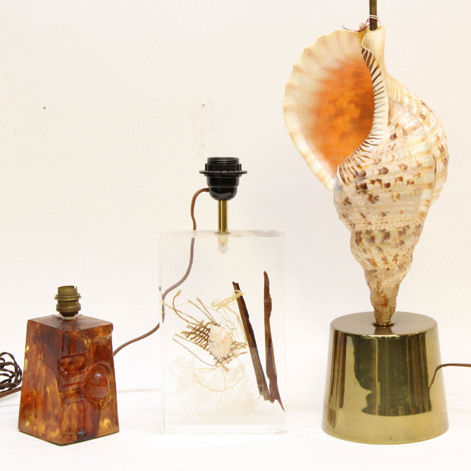 Two Sea Shell & Cast Resin Lamps, Circa 1975: Two Sea Shell Lamps & Cast Resin Lamps, Circa 1975, coach lamp possibly by Maison Charles Dimensions: To the fixture 21 3/4" Property from the Estate of an Important New York Modernism Dealer. (NJWA2/