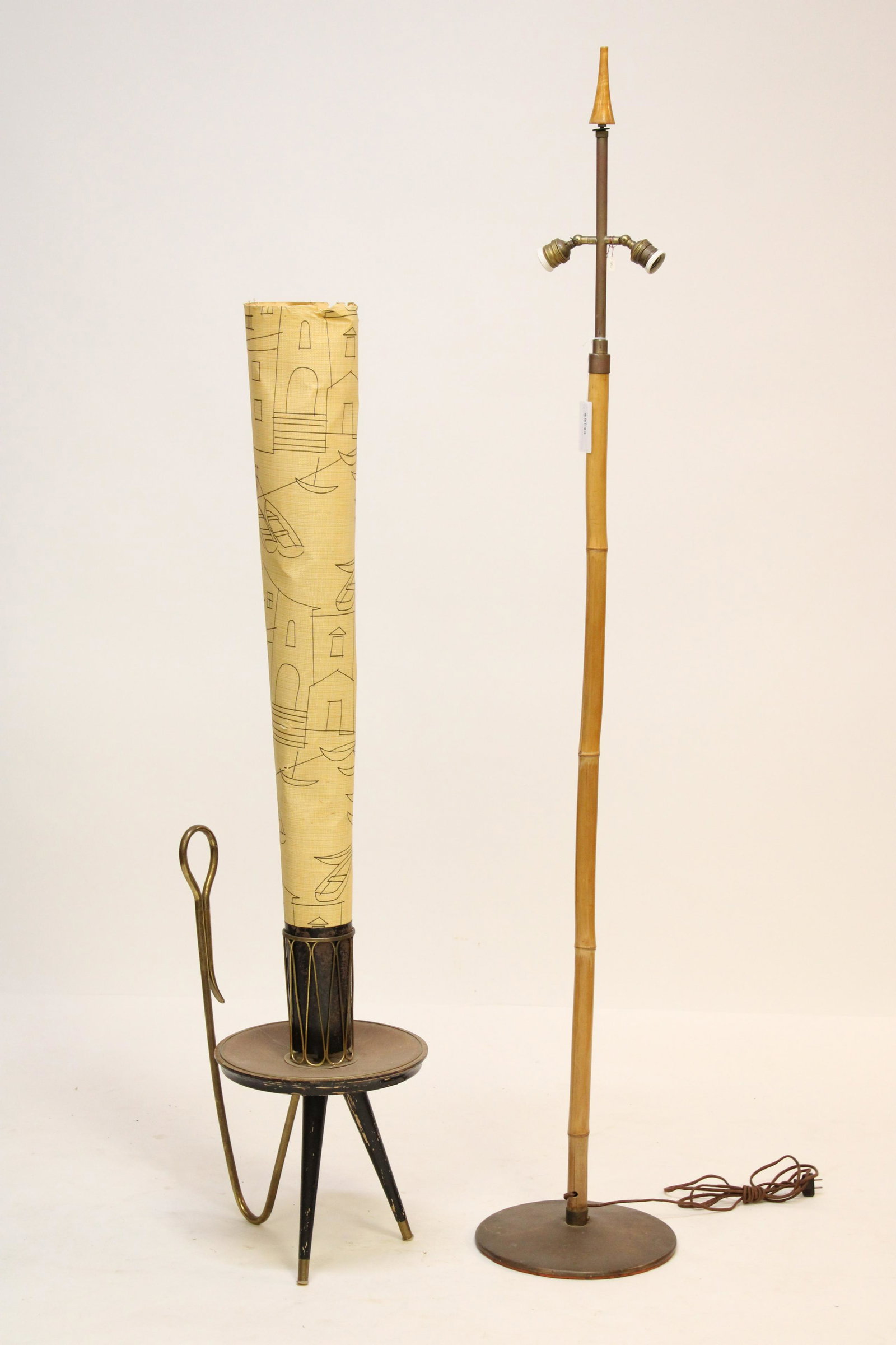 2 Mid Century & Retro Floor Lamps: Mid Century Bamboo & Brass Floor Lamp and Retro Floor Lamp (2 pc.) Dimensions: Property from the Estate of an Important New York Modernism Dealer. (NJWA180/2)(MS)