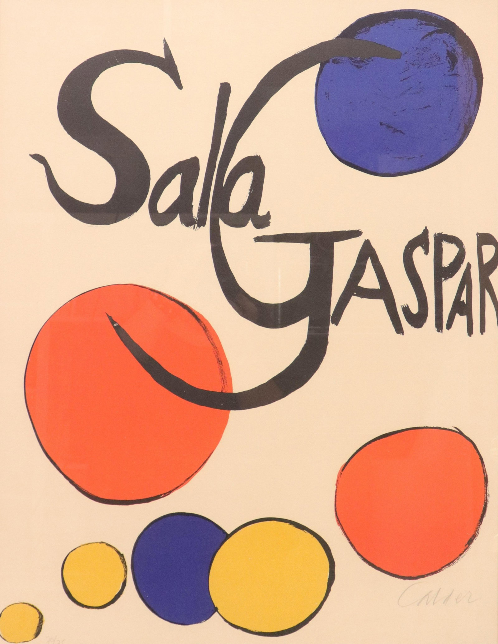 Alexander Calder - Sala Gaspar, hand signed: Alexander Calder (American, 1898 - 1976). 'Sala Gaspar' color aquatint for 1973 exhibition at Galeria Joan Gaspar in Barcelona, Spain. Hand signed in graphite lower right, numbered 70/75 lower left. D