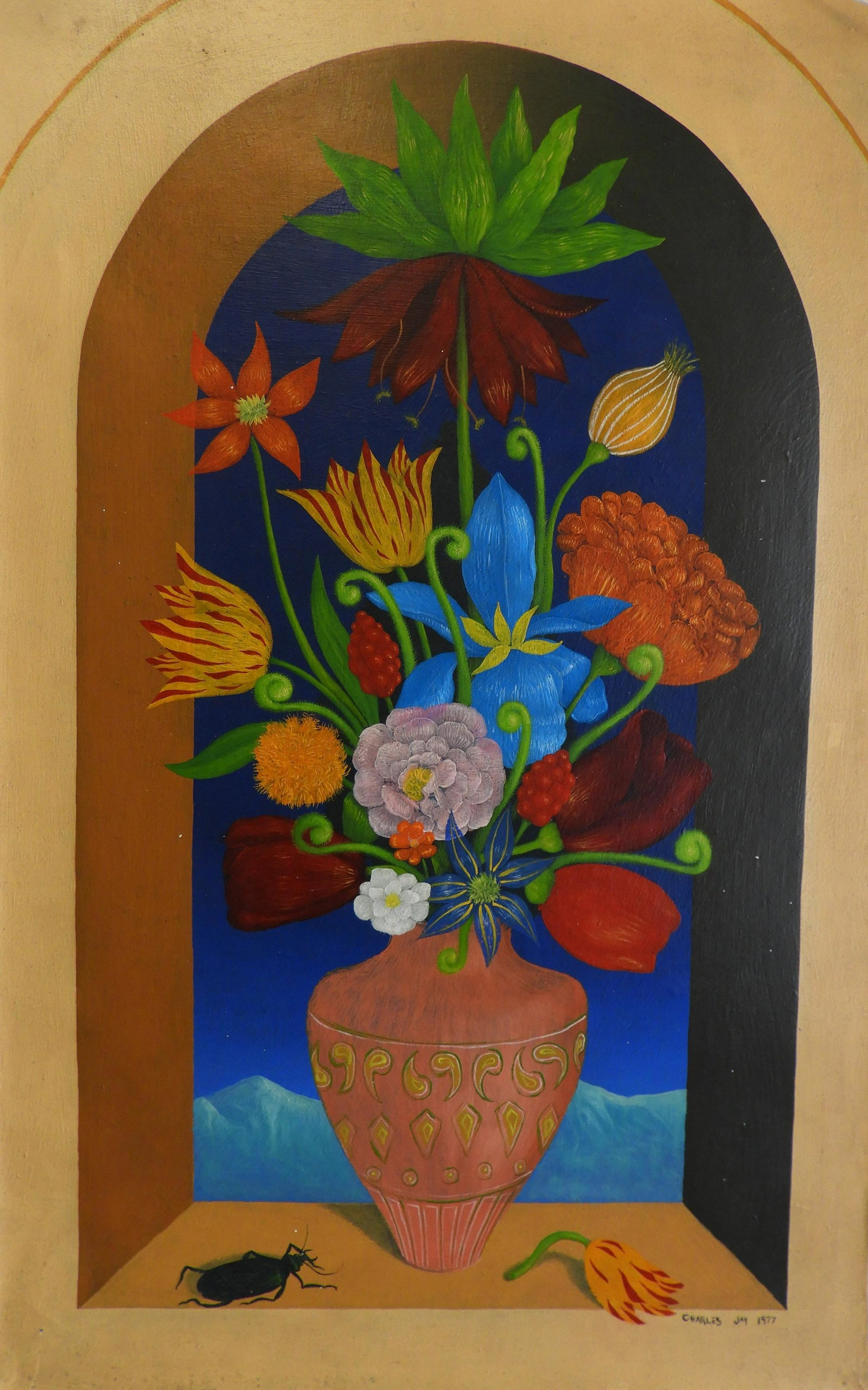 Charles Jay - Floral Still Life, 1977: Charles Jay (American, b. 1947) floral still life, oil on canvas. Signed lower right, dated 1977. Signed and dated verso. Dimensions: 25 x 16" unstretched Property from a fifth generation art gallery,