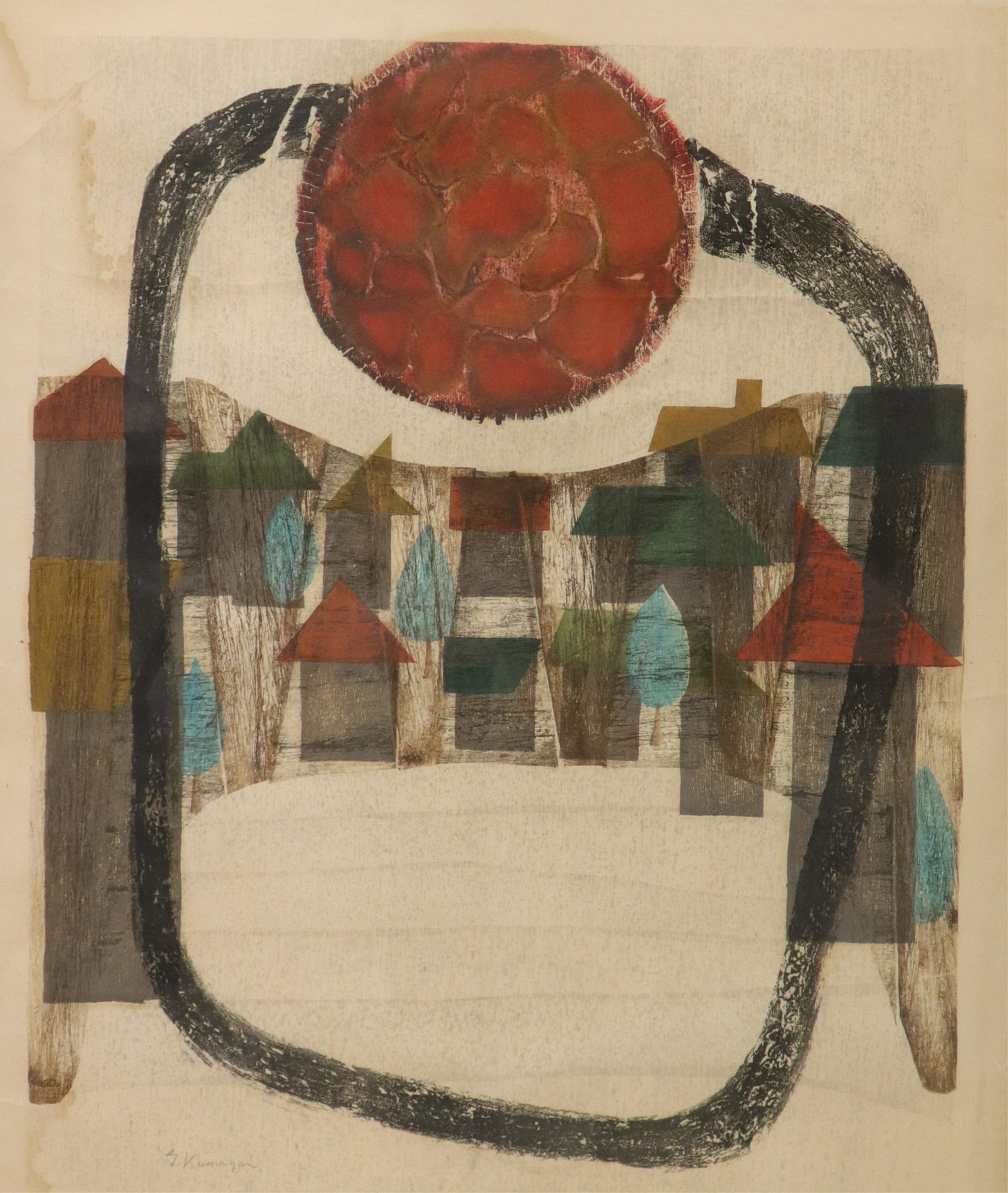 Goro Kumagai, Abstract, color woodblock print: Gorou Kumagai, Japanese,1932-2017, color woodblock print, signed numbered and dated Dimensions: 19 1/4 x 15 1/4, framed 30 1/2 x 26 Property from a Kent, CT estate (QBRA9162)(MM)