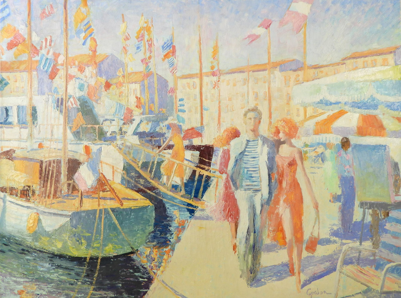 H. Gordon Wang - Day in St. Tropez: H. Gordon Wang (Chinese, b. 1959) Impressionist oil on canvas view of marina in St. Tropez. Signed Gordon lower right. Dimensions: 30 x 40" unstretched Property from a fifth generation art gallery, NY