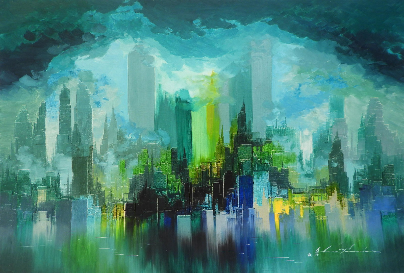 Heinz Munnich - Abstract Skyline, 1974: Heinz Munnich (Germany 1921 â€“ 1977) Abstract Skyline, oil on canvas in shades of greens. Signed lower right, dated 1974 Dimensions: 24 x 36" unstretched Property from a fifth generation art gal