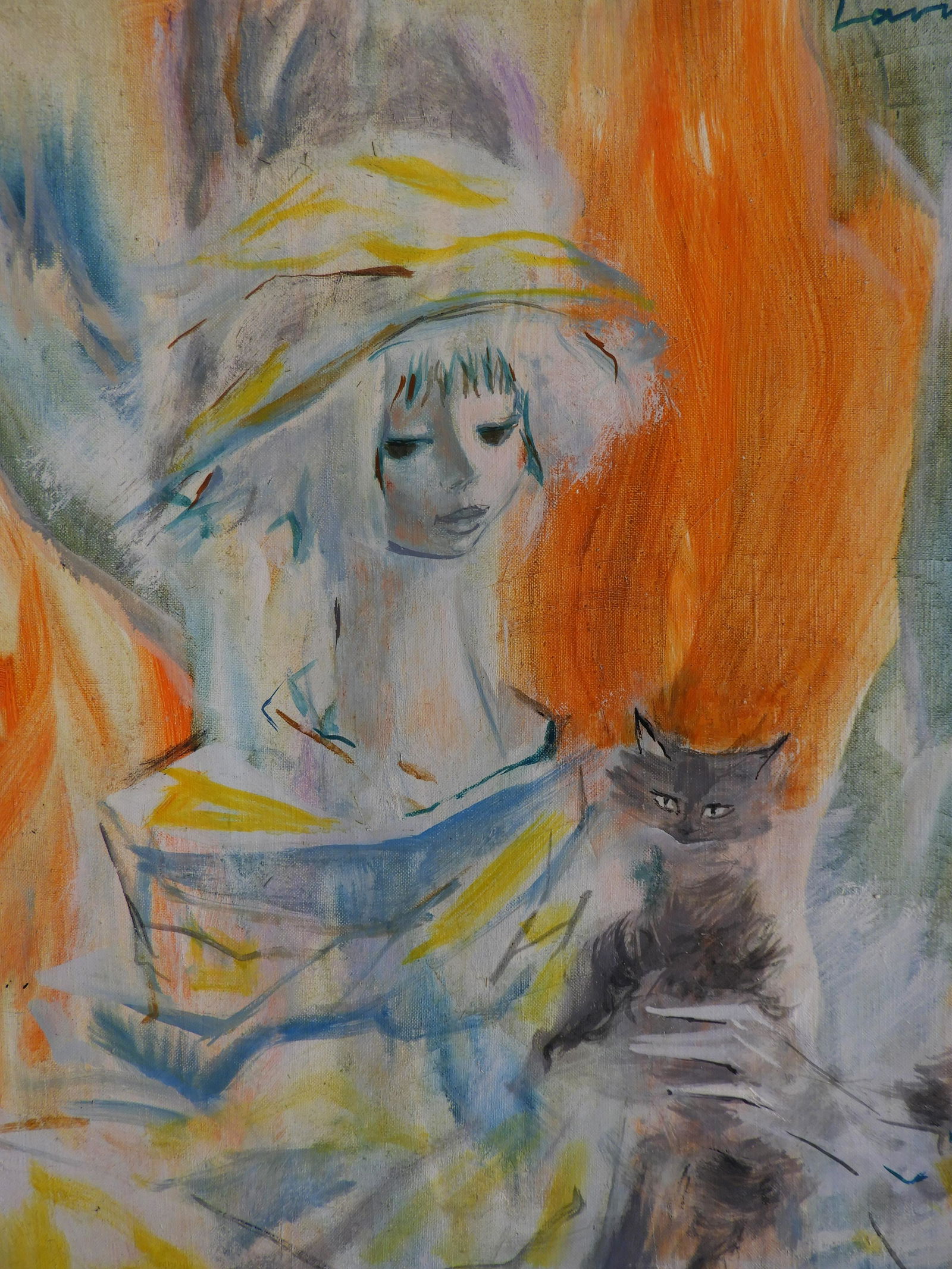 Henri Laville - Abstract Girl with Cat: Henri Laville (French, b. 1916) Abstract girl with black cat. Oil on canvas. Signed upper right. Dimensions: 22 x 18" unstretched Property from a fifth generation art gallery, NYC (HEAR577)(EL)