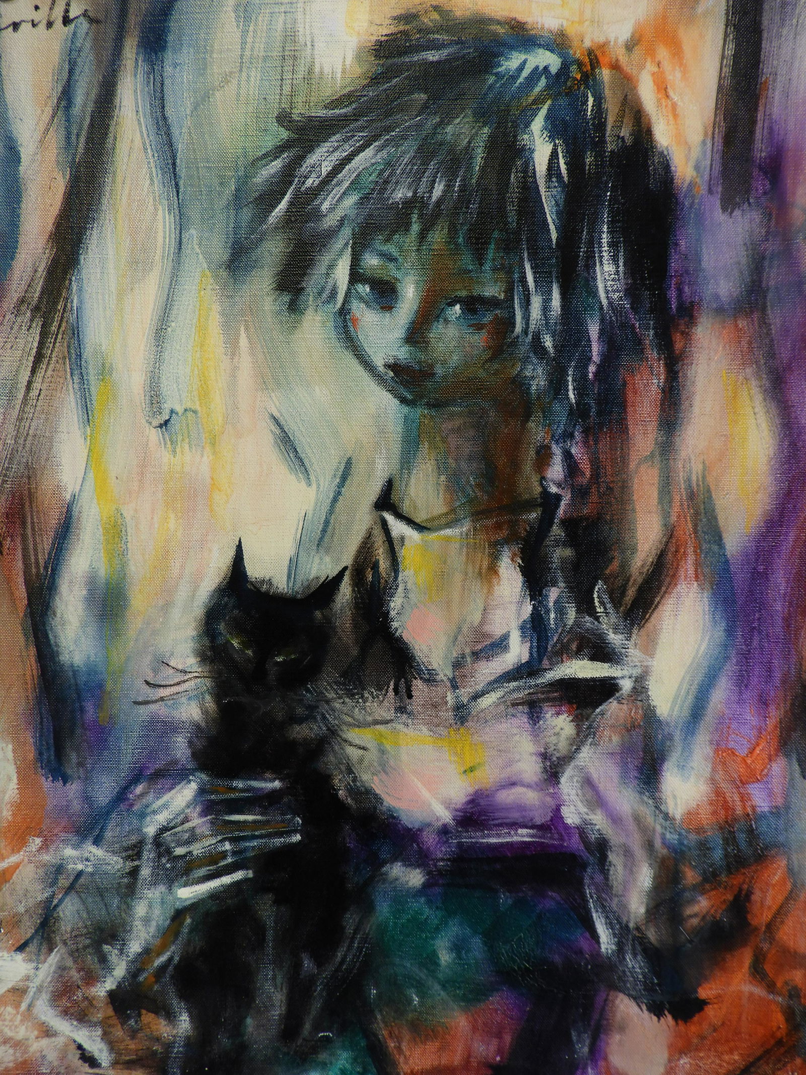 Henri Laville - Abstract Girl with Cat: Henri Laville (French, b. 1916) Abstract girl with gret cat. Oil on canvas. Signed upper right. Dimensions: 22 x 18" unstretched Property from a fifth generation art gallery, NYC (HEAR578)(EL)