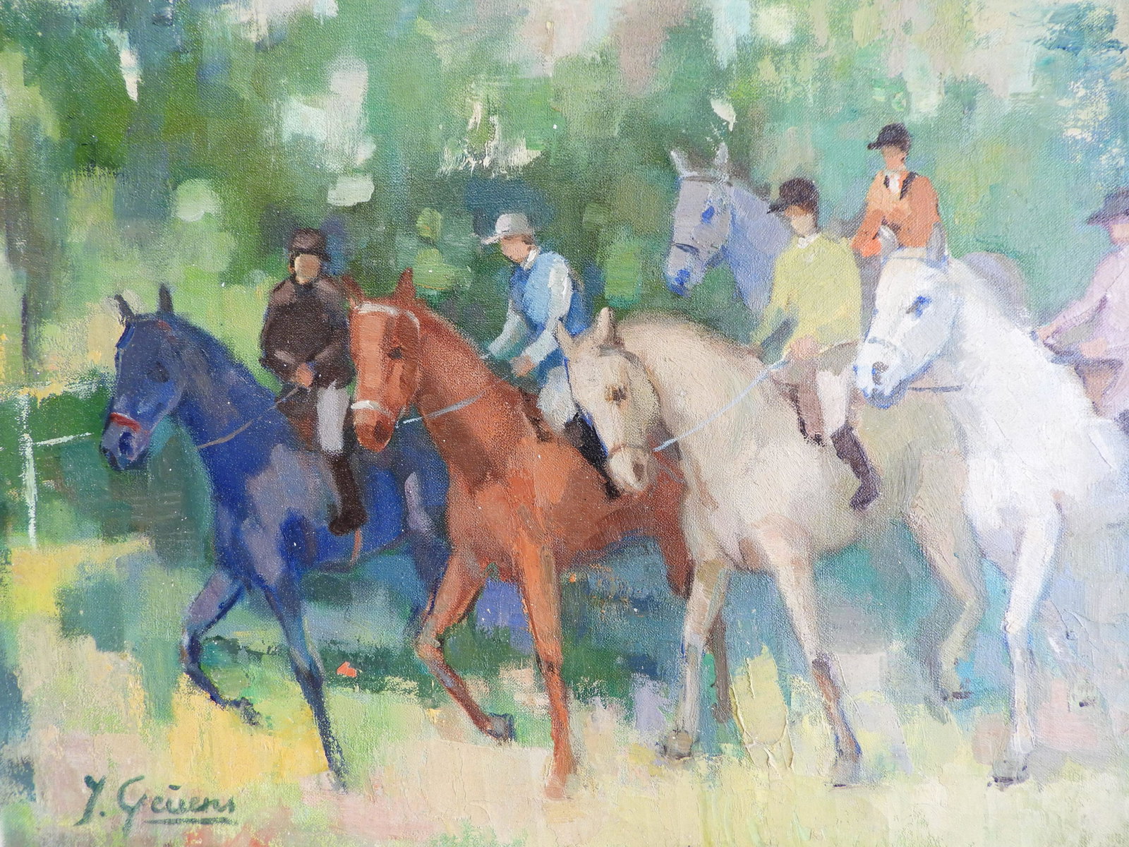 Jacques Geuens - The Riders: Jacques Geuens (Belgium, 1910 - 1991). 'The Riders' oil on canvas painting of riders on horses. Signed lower left. Dimensions: 18 x 22" unstretched Property from a fifth generation art gallery, NYC (H