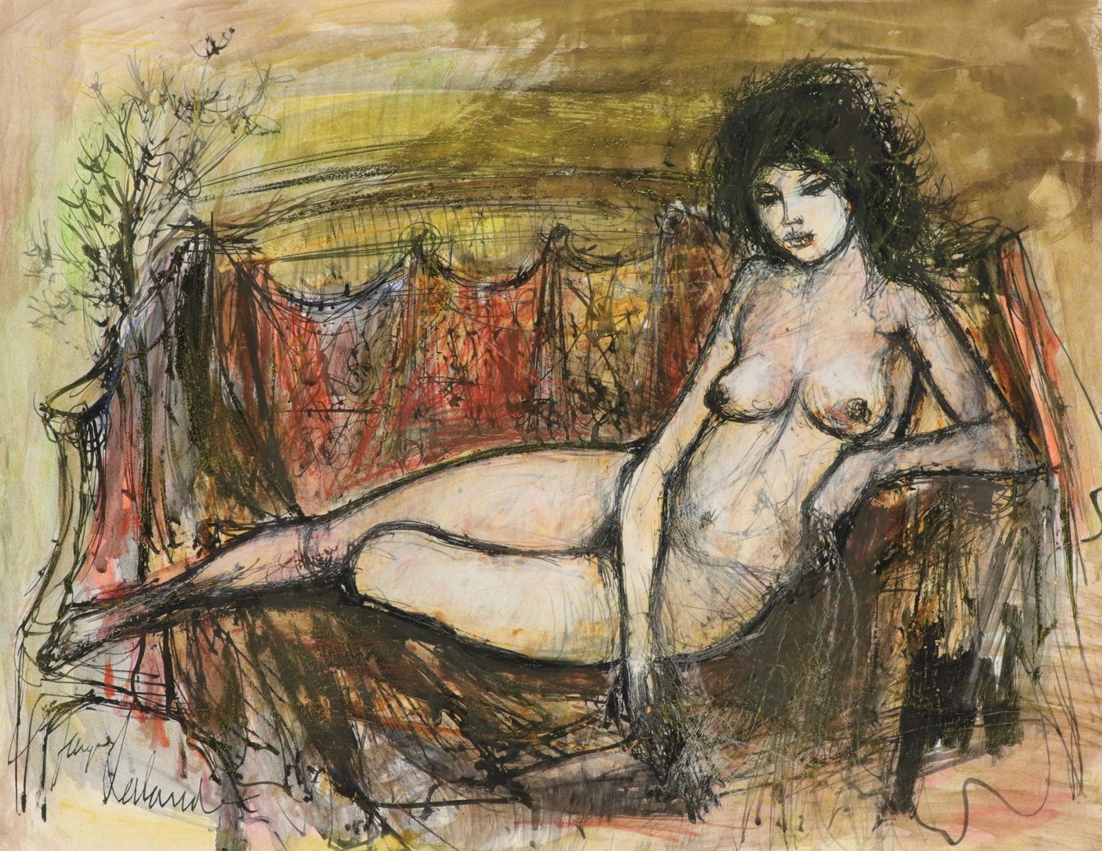Jacques Lalande - Reclining Nude Mixed Media: Jacques Lalande (French, b.1921) Reclining nude on couch - guache, pastel, and ink on paper. Signed lower left. Dimensions: 19.75 x 25.5" unframed Property from a fifth generation art gallery, NYC (HE
