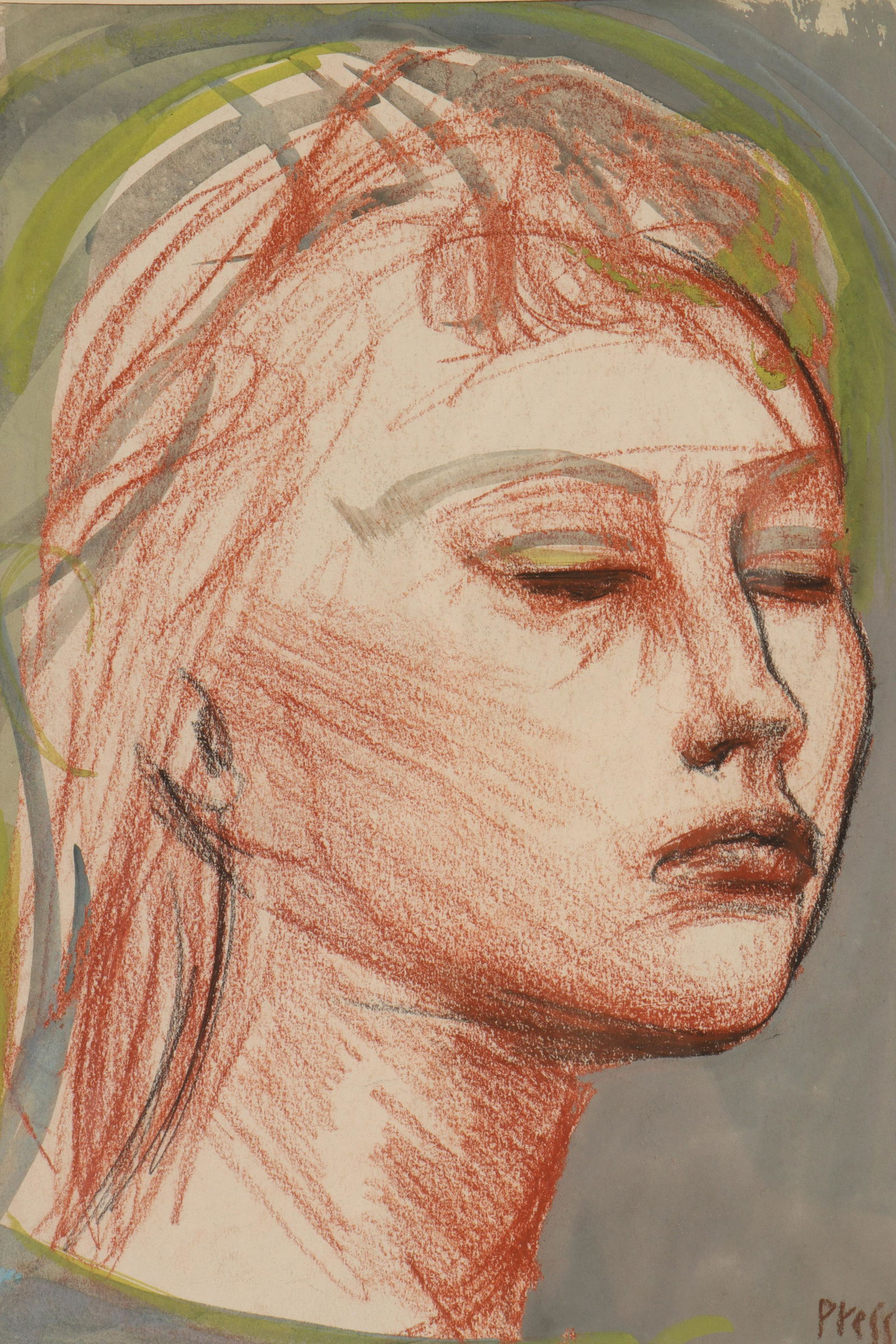 Josef Presser - Portrait Head of a Woman: Josef Presser, 1907-1967, Portrait Head of a Young Woman, Watercolor & Chalk, signed Dimensions: 13" x 9 1/2", Frame 22" x 17 1/2" Property from the collection of a Massachusetts professor. (STES8027)