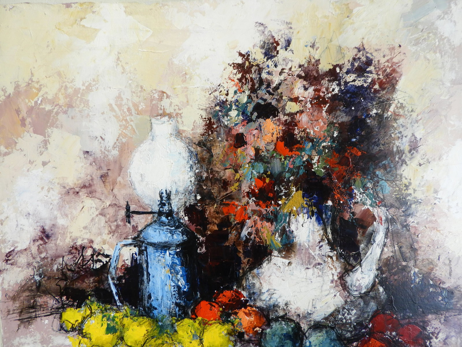 Manuel Monton Bunuel - Expressionist Still Life: Manuel Monton Bunuel (Spanish, b. 1940) Oil on canvas painting depicting expressionist style still life with blue oil lamp and flowers. Signed Bunuel lower left. Dimensions: 18 x 22" unstretched Prope