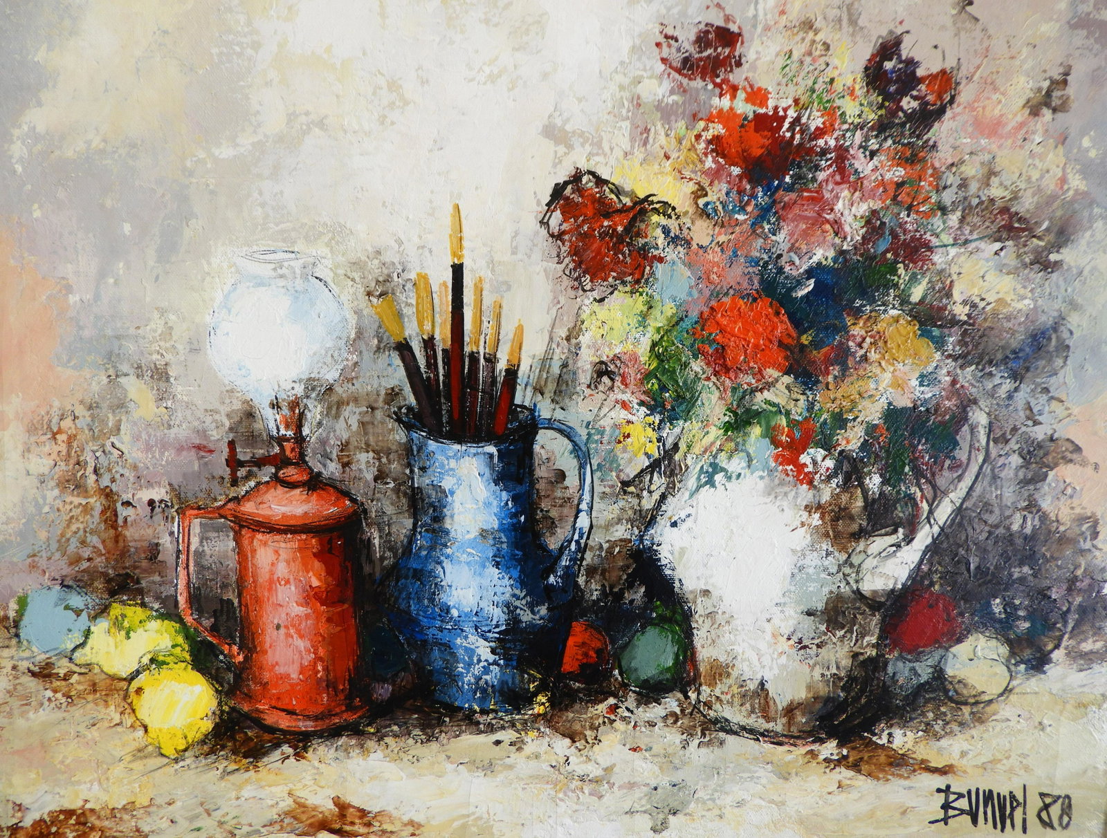 Manuel Monton Bunuel - Expressionist Still Life II: Manuel Monton Bunuel (Spanish, b. 1940) Oil on canvas painting depicting expressionist style still life with red lantern, paint brushes, and flowers. Signed Bunuel lower left, dated (19)80 Dimensions: