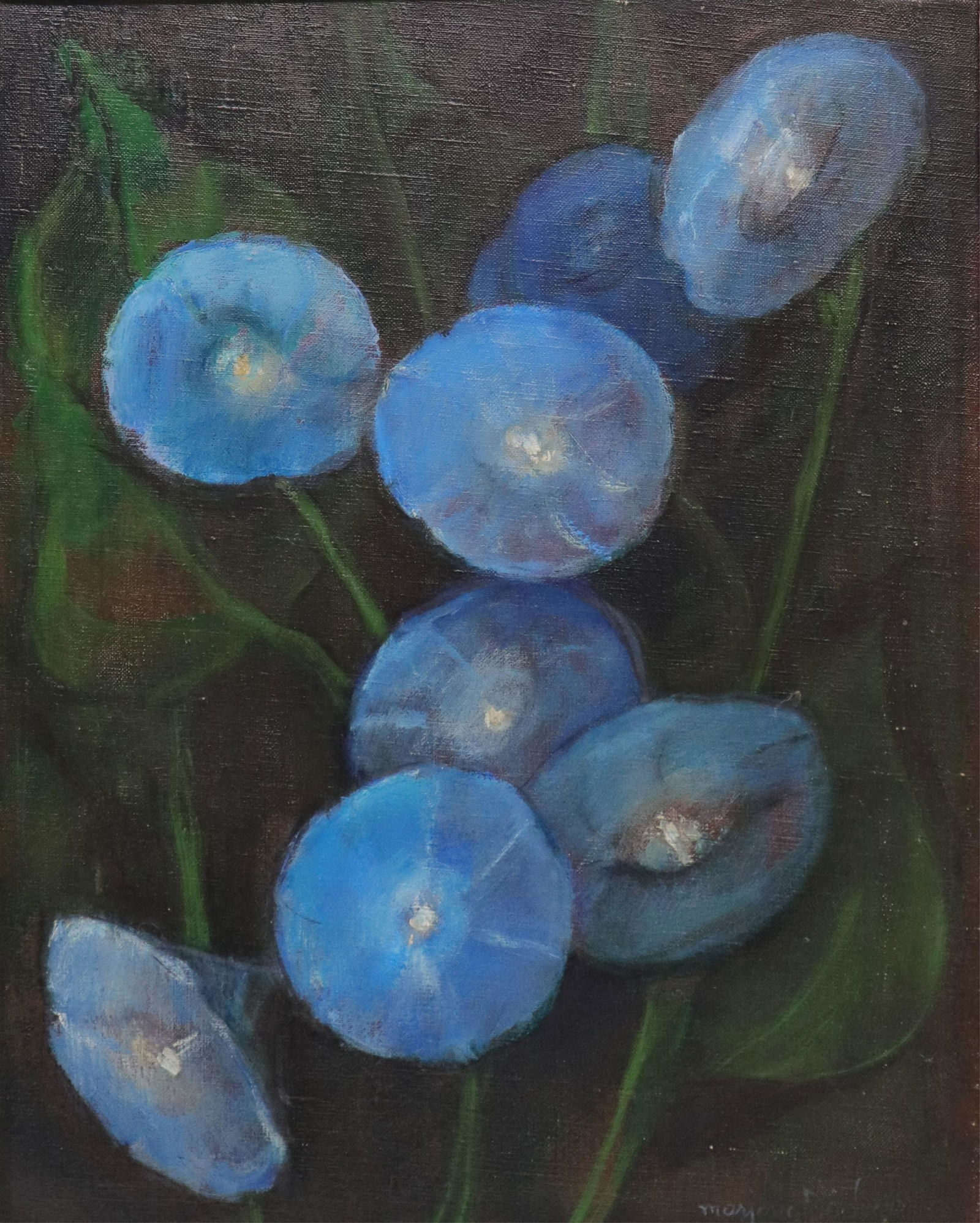 Marjorie Bishop, Blue Flowers, O/C: Marjorie Bishop, Am., 1904-1996?, Morning Glories, O/C .Verso gallery label from Mortimer Levitt Gallery, NY, NY(student of Moses Soyer) Note: Student of Moses Soyer, article NY Times, https://www.nyt