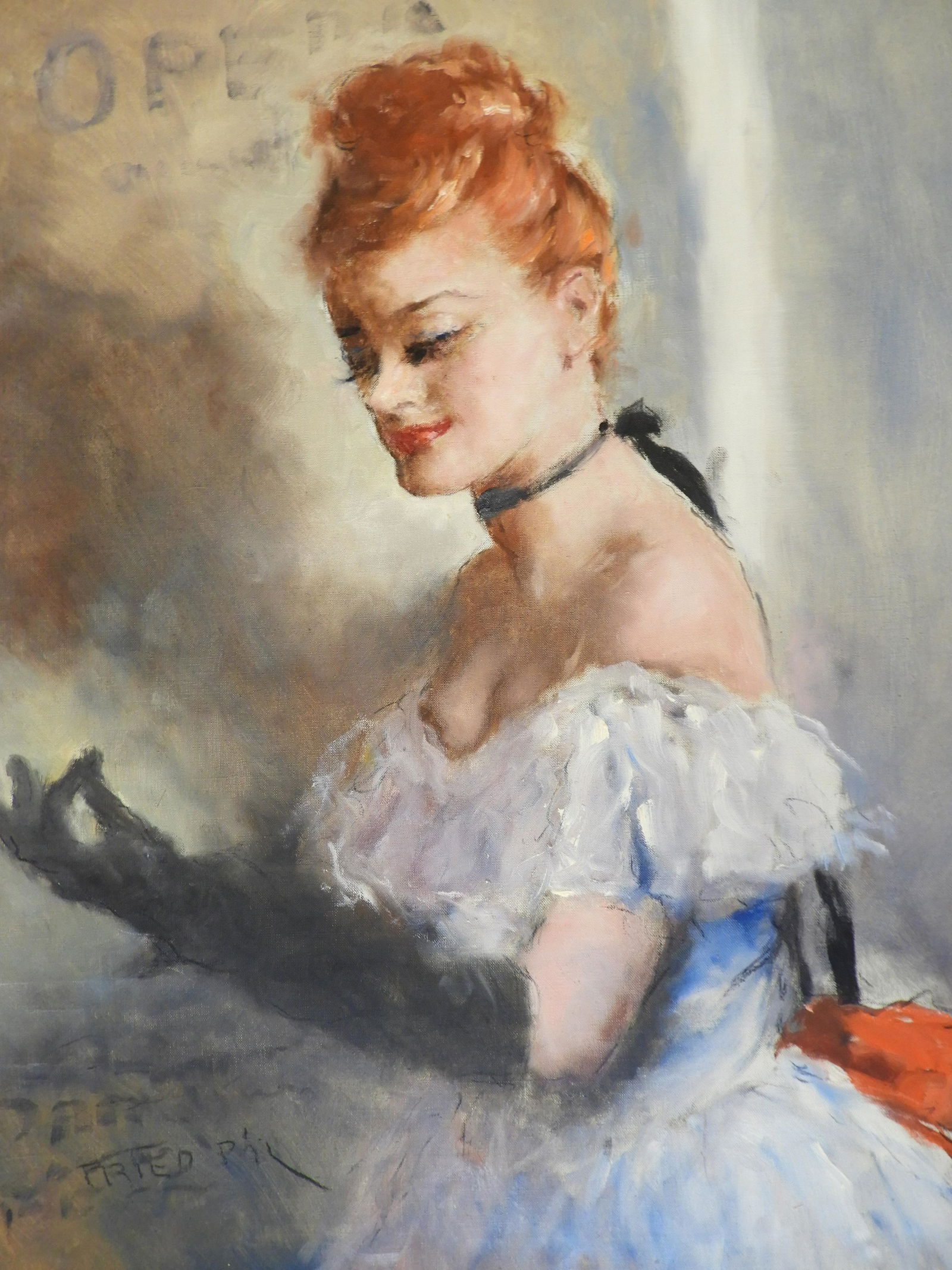 Pal Fried - At the Opera: Pal Fried (Hungarian, 1893 - 1976). Redheaded woman at the opera, oil on canvas, signed lower left. Dimensions: 24 x 30" unstretched Property from a fifth generation art gallery, NYC (HEAR284)(EL)