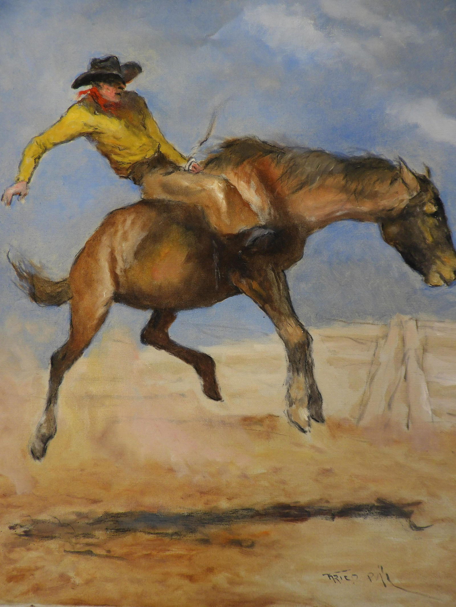Pal Fried - Cowboy in Yellow: Pal Fried (Hungarian, 1893 - 1976). Cowboy on bucking bronco, oil on canvas, signed lower right. Dimensions: 24 x 30" unstretched Property from a fifth generation art gallery, NYC (HEAR282)(EL)