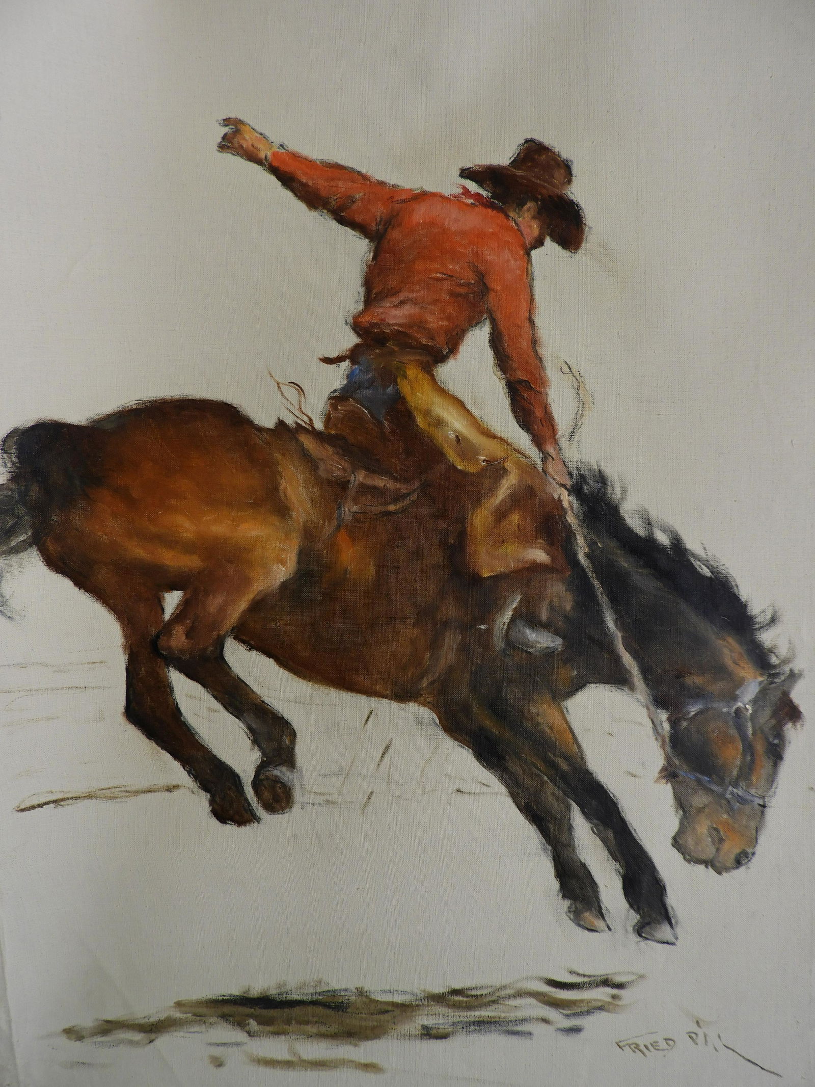 Pal Fried - Cowboy on Bronco: Pal Fried (Hungarian, 1893 - 1976). Cowboy on bucking bronco, oil on canvas, signed lower right. Dimensions: 24 x 30" unstretched Property from a fifth generation art gallery, NYC (HEAR281)(EL)