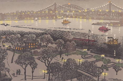 Woldemar Neufeld, Hell Gate, woodblock: Woldemar Neufeld, Russia/Canadian,1909-2002, Hell Gate At Night, woodblock, signed , no 56/100 Dimensions: 12 1/2 x 18 1/2, 20 1/2 x 27 1/2 Property from a Kent, CT estate (QBRA9152)(MM)