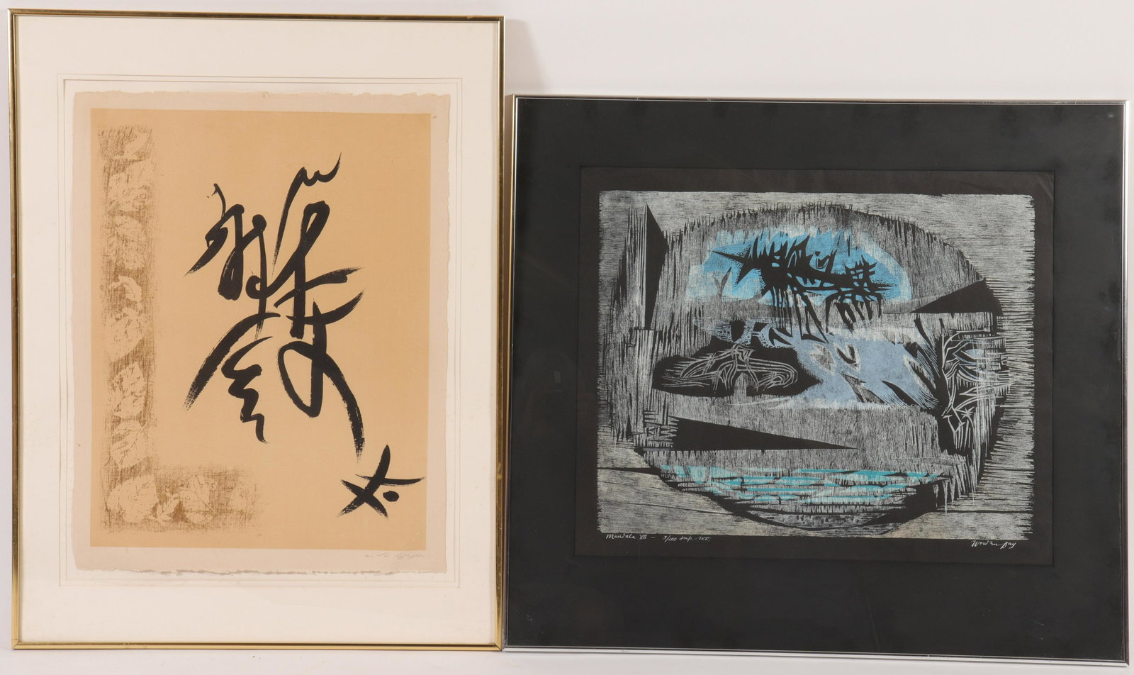 2 Prints; Worden Day& Andre Masson: 2 Prints, Worden Day (1916-1986), "Manala VII", Woodcut, 3/200, signed and Andre Masson (1896-1987) "Calligraphy", signed in pencil Dimensions: 19" x 23 1/2", frame 30" x 33 1/2"; Image 23 1/2" x 19",