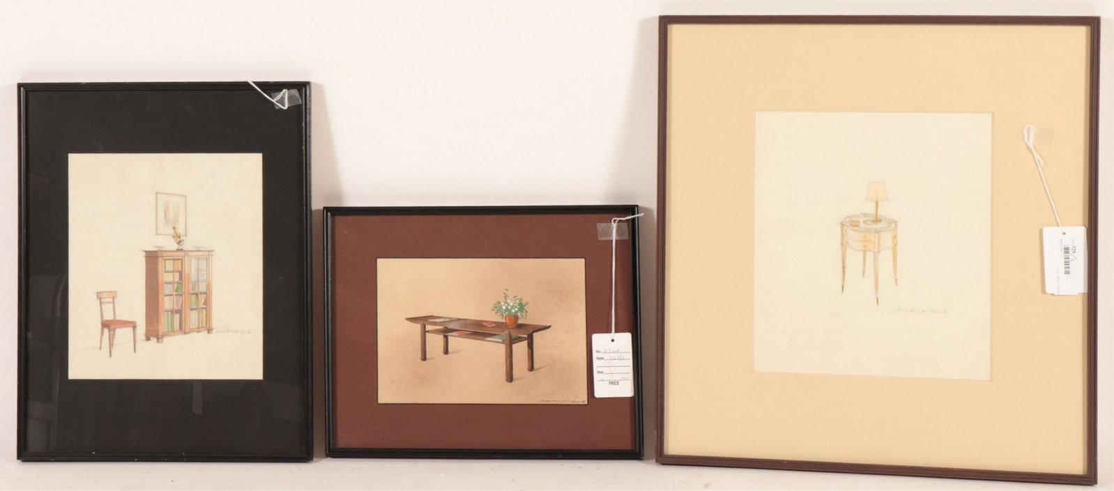 3 Interior Sketches & Watercolors on Paper: 3 Interior Sketches & Watercolors on Paper, two by Andre Arbus, 1 by Dominique (3 pc.) NOTE: This lot is being re-offered due to nonpaying bidder Tim Housman of Palm Springs, CA. Dimensions: The large