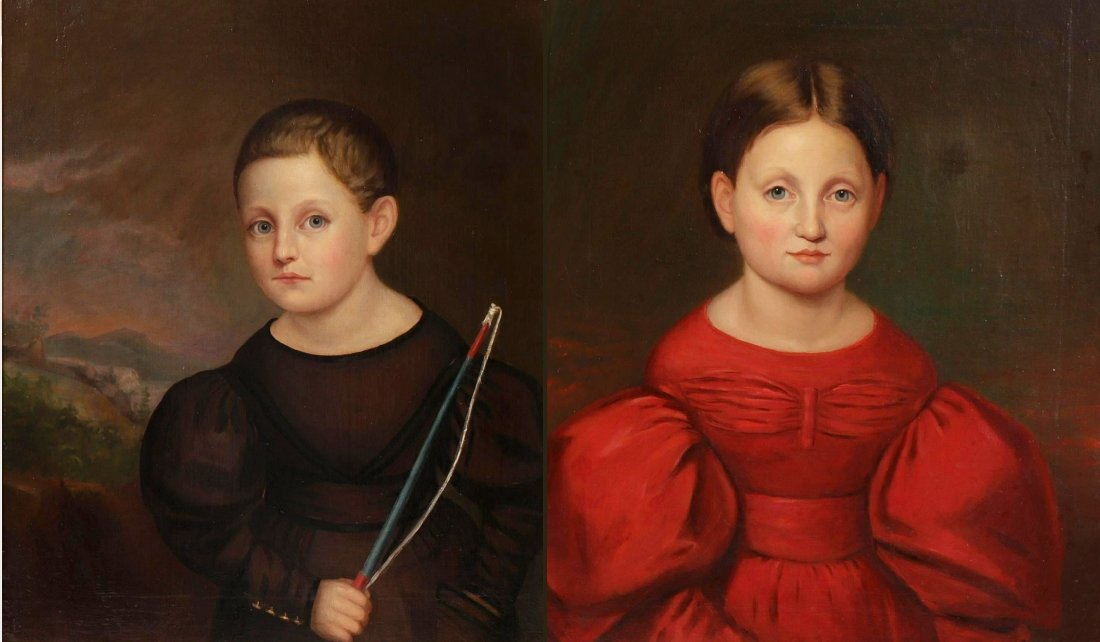The Lansing Twins, Pr American O/C Portraits 1825: The Lansing Twins, a Pair of American Portraits, circa 1825, Harriet & Charles L. Lansing, born 1814, Oil on Canvas. Note: The Lansing family came originally from Lansingberg, NY (now Troy, NY) and ar