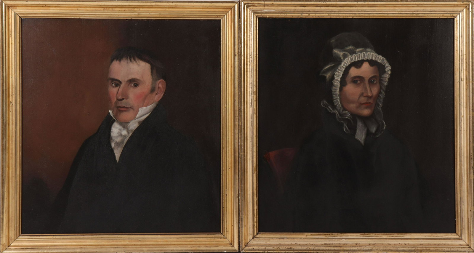 Pair American Portraits, c.1800, S. Cook & D. Judd: Pair of American Portraits, circa 1800, Sarah Cook & David Judd, Oil on Panel. Sarah was born Nov. 26, 1774 and married Nov. 1, 1798. She died Oct. 10, 1826. Ancestors of Tracy Haight Griswold, from w