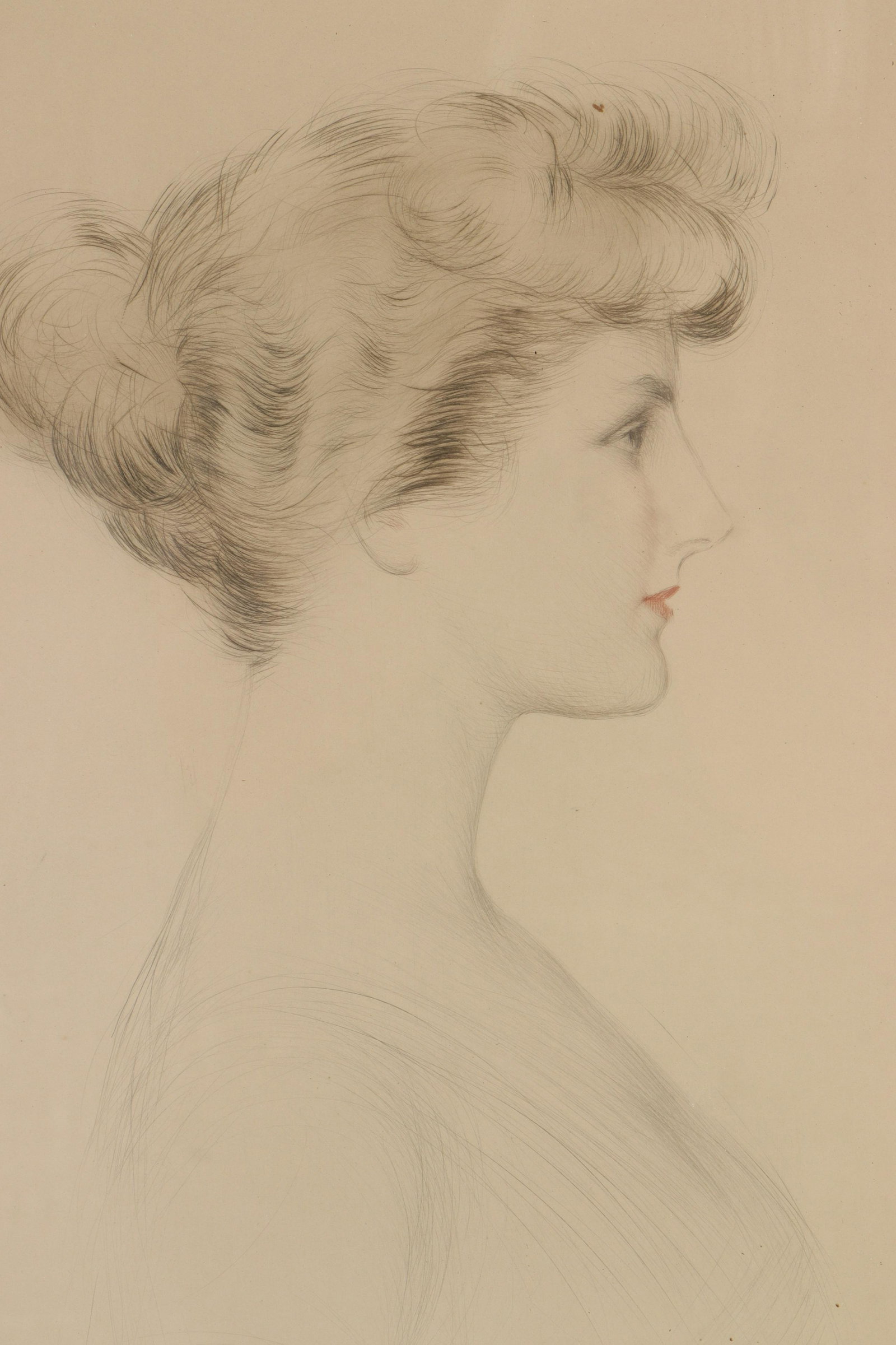Paul Cesar Helleu, 1859-1927, Profile of a Woman: Paul Cesar Helleu, 1859-1927, "Profile of a Young Woman", drypoint etching with color/wash Dimensions: 21" x 13 1/2", Frame 28 1/2" x 19 3/4" Property from the Litchfield Estate of Tracy H. Griswold (