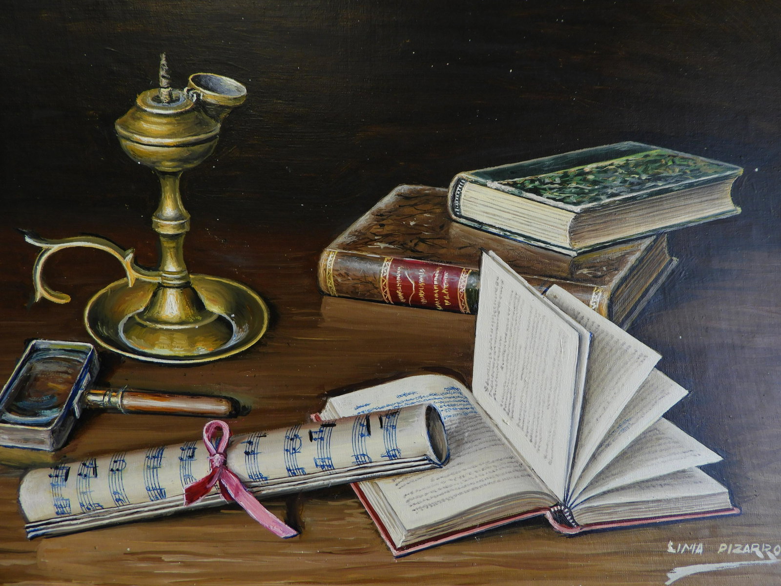 Lima Pizarro - Music Sheet Still Life: Lima Pizarro (Spanish, b. 1937) Still life, Candle Holder & Books, oil on canvas. Signed lower right. Dimensions: 12 x 16" unstretched Property from a fifth generation art gallery, NYC (HEAR271)(EL)